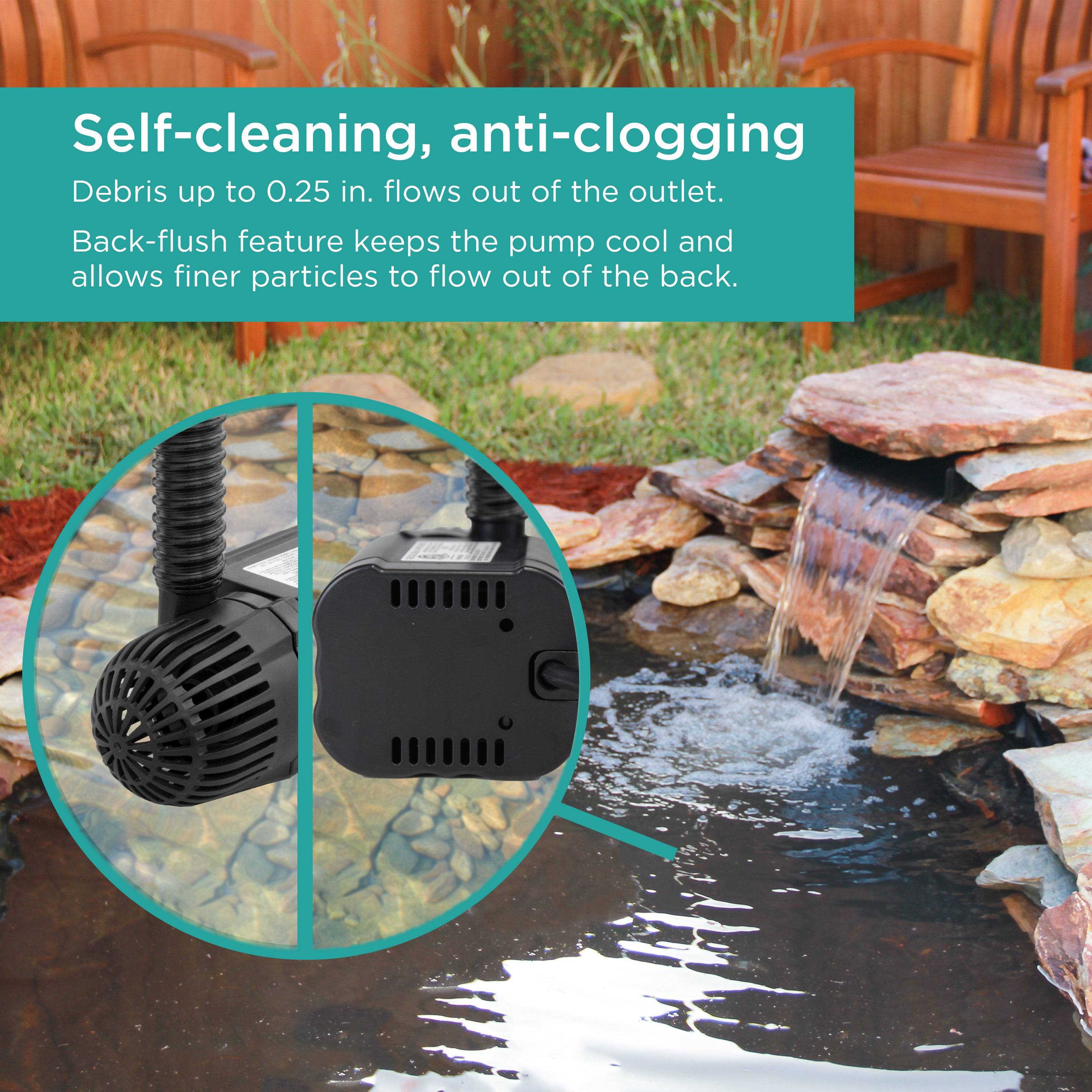 1,200 GPH Waterfall Pump is self-cleaning and anti-clogging