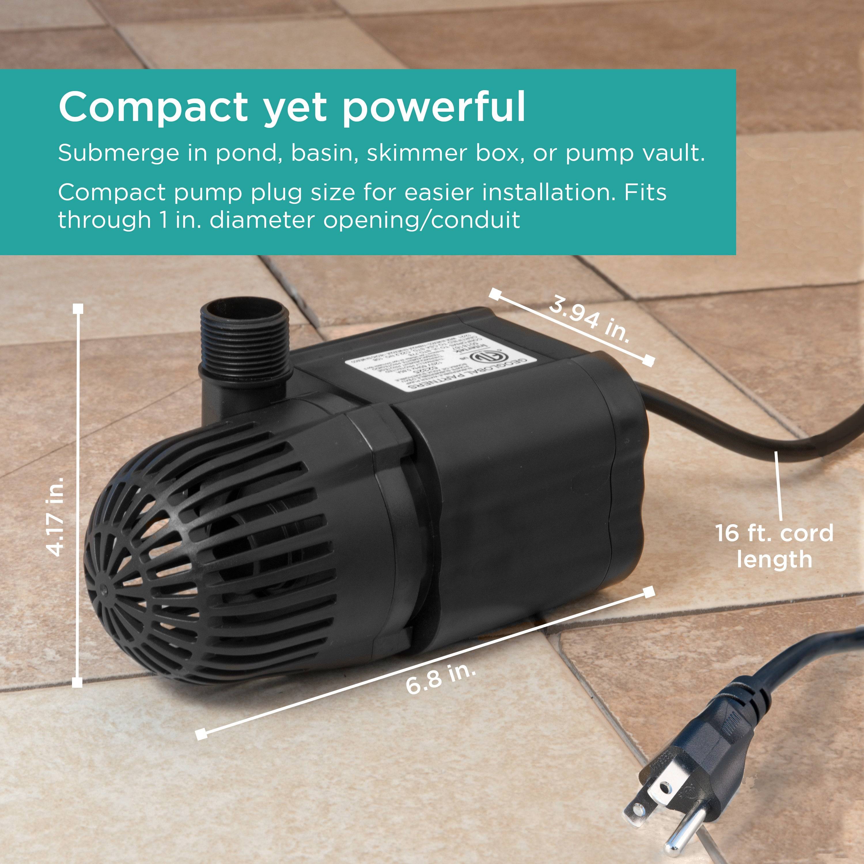 1,200 GPH Waterfall Pump is compact yet powerful - size chart