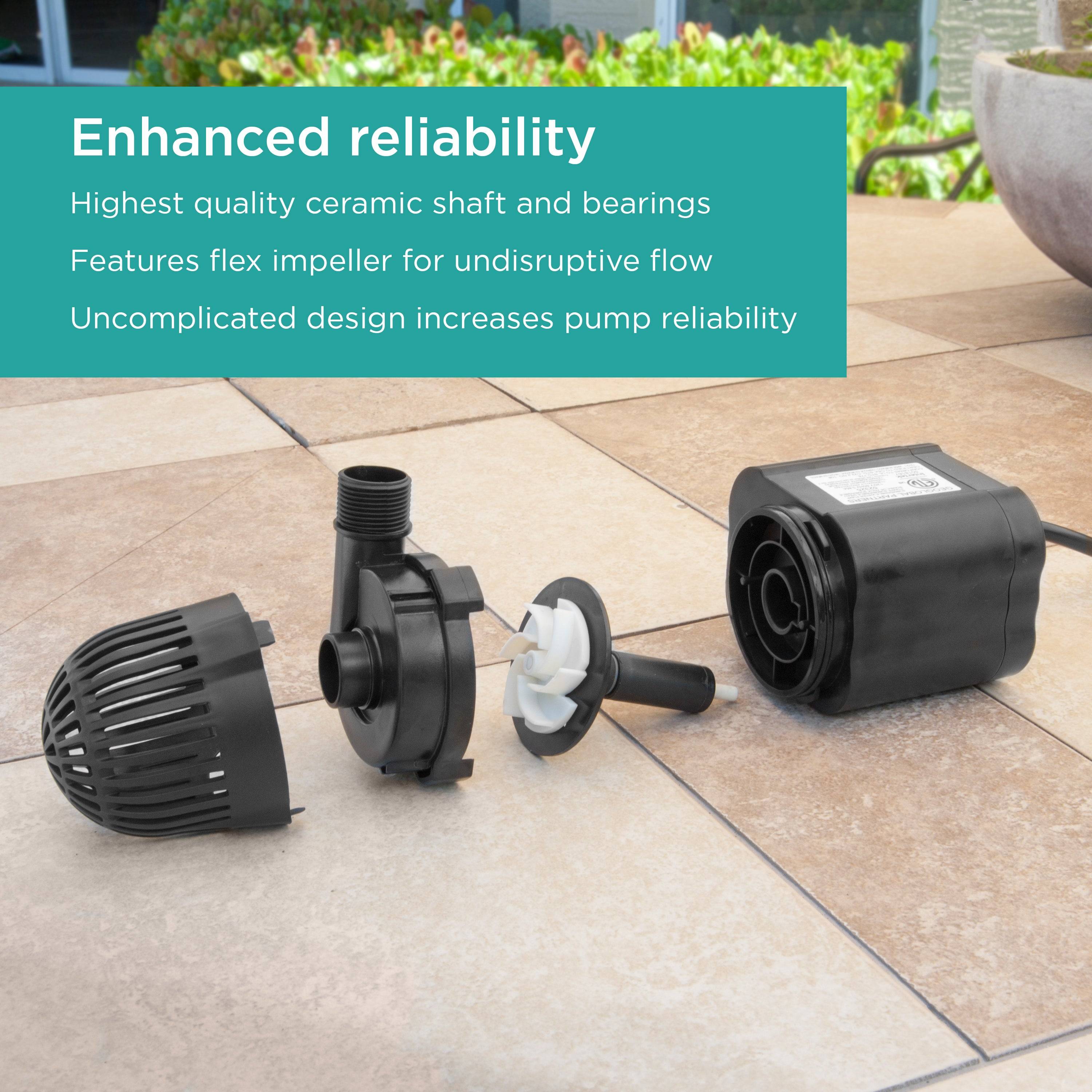 1,200 GPH Waterfall Pump features enhanced reliability with ceramic shaft and bearings, flex impeller for undisruptive flow, and uncomplicated design increases pump reliability 