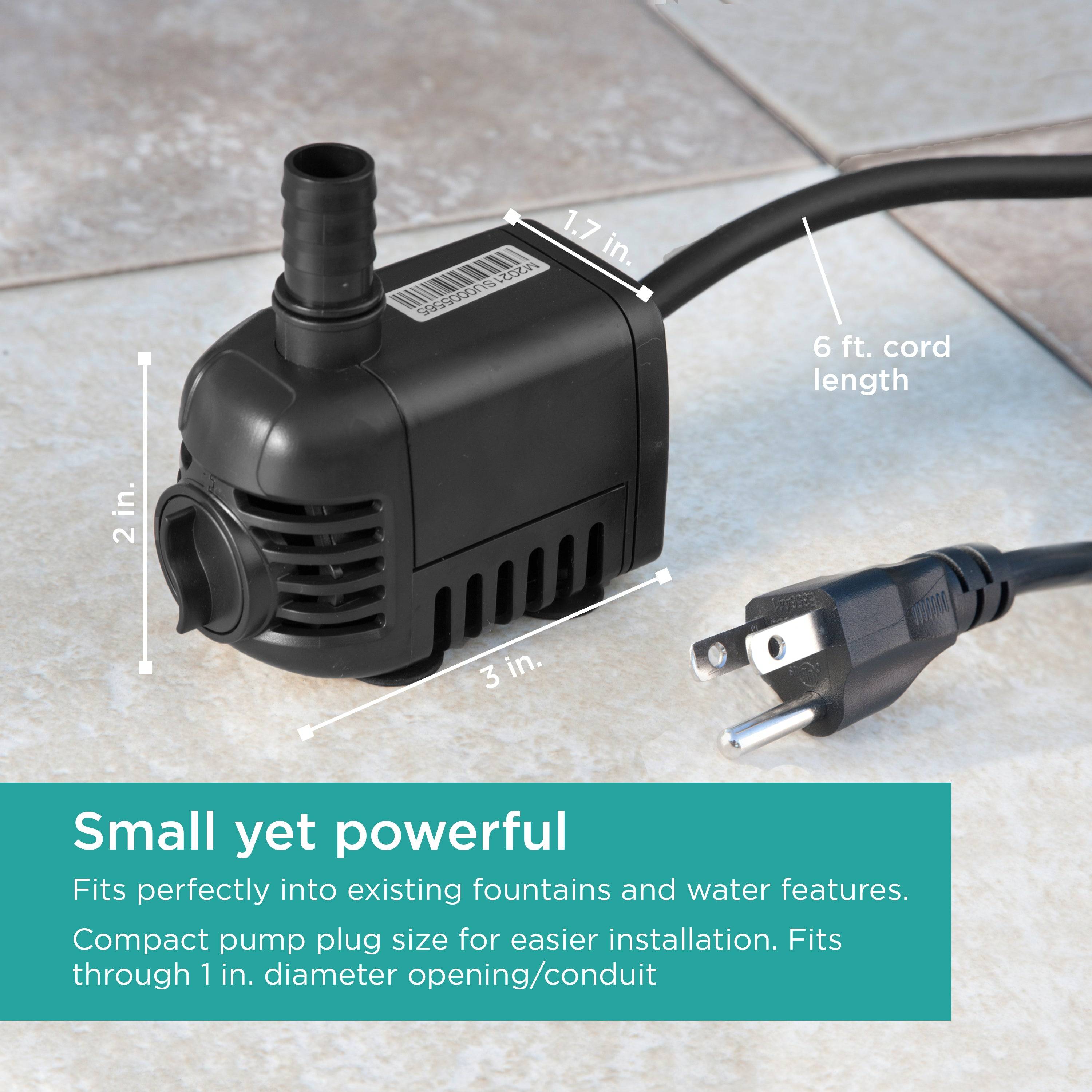 140 GPH Fountain Pump is small yet powerful - size chart