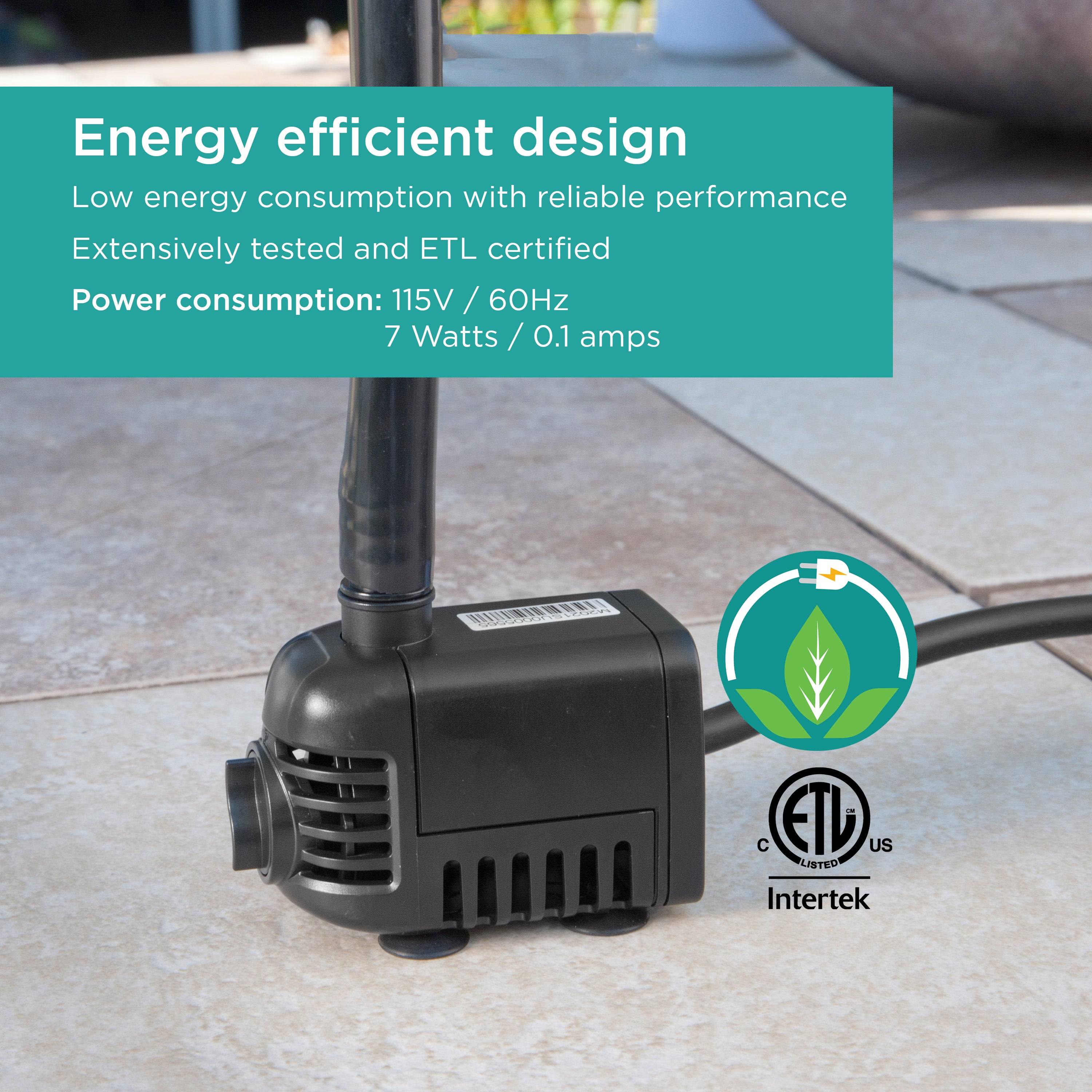 140 GPH Fountain Pump features energy efficient design: low energy consumption, reliable performance, ETL certified