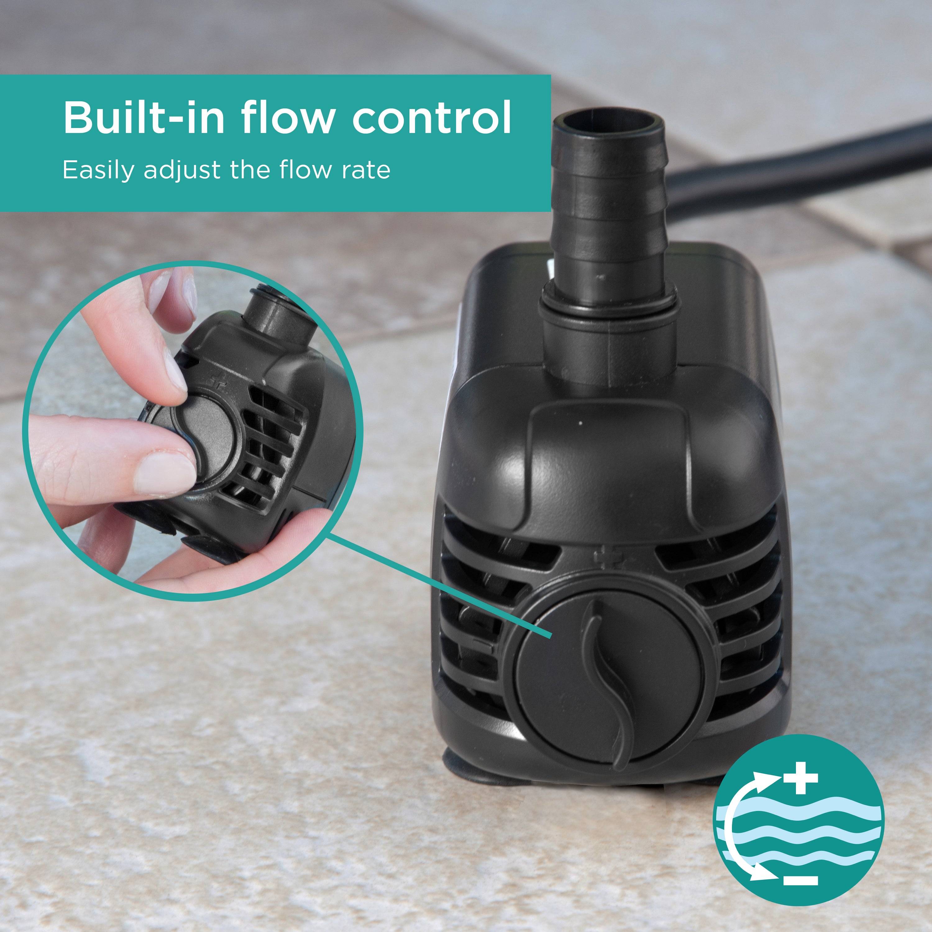 140 GPH Fountain Pump features built-in flow control to easily adjust the flow rate
