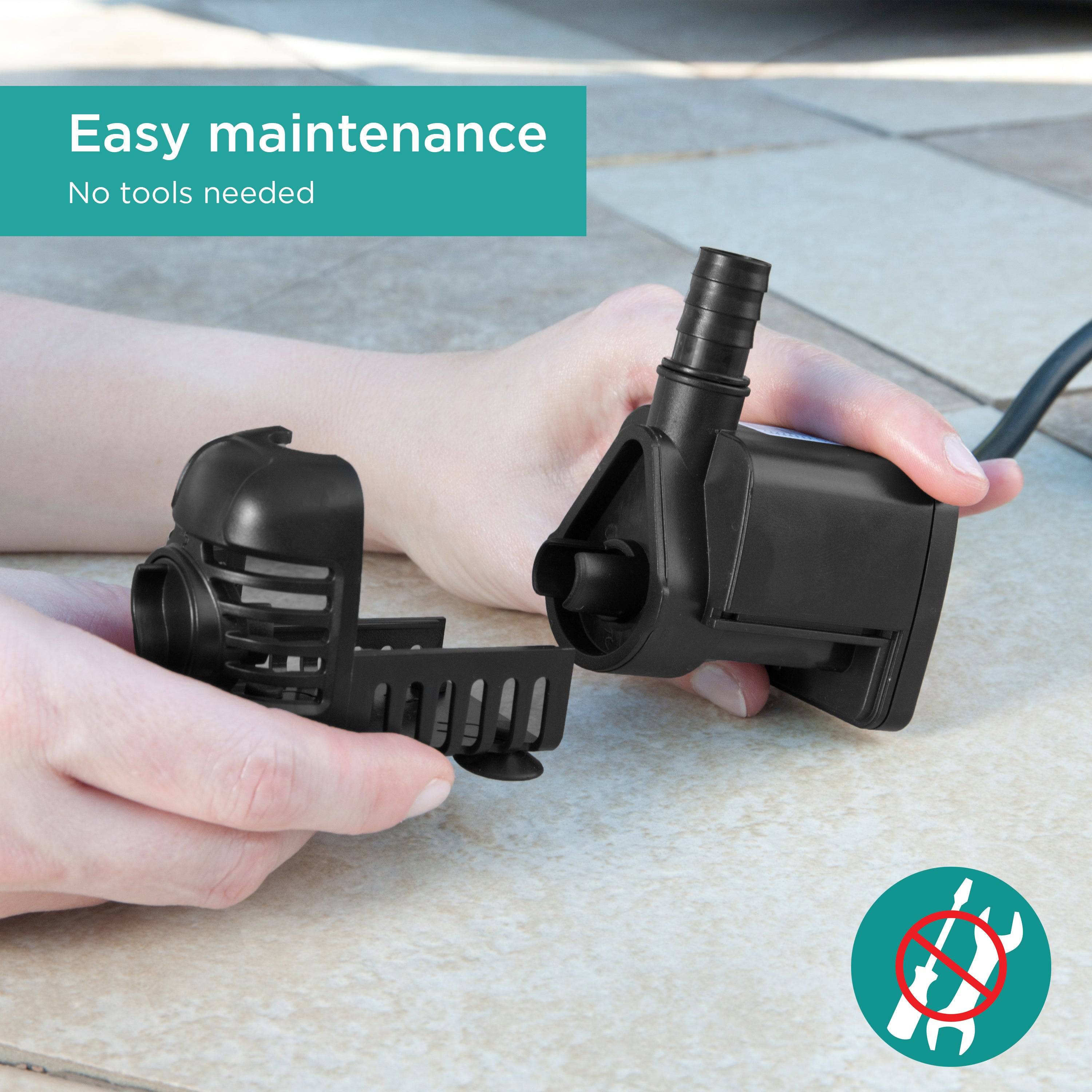 140 GPH Fountain Pump features easy maintenance with no tools needed