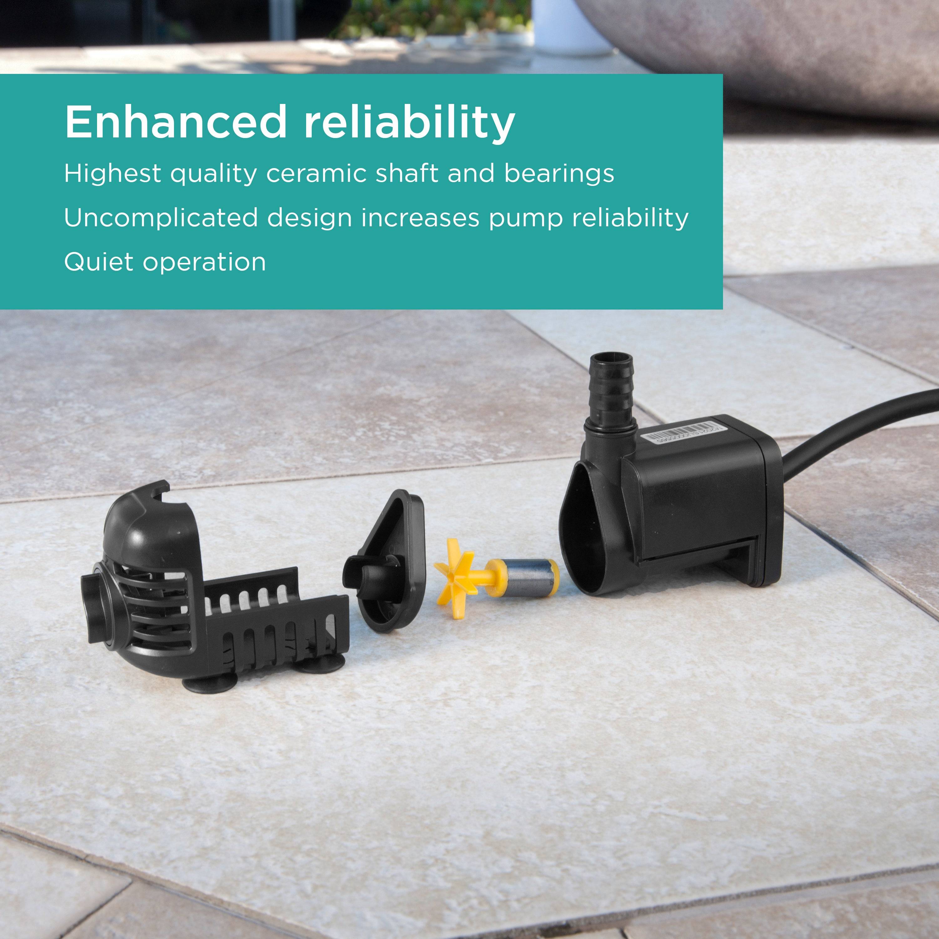 140 GPH Fountain Pump features enhanced reliability: highest quality ceramic shaft and bearings, uncomplicated design increases pump reliability, quiet operation