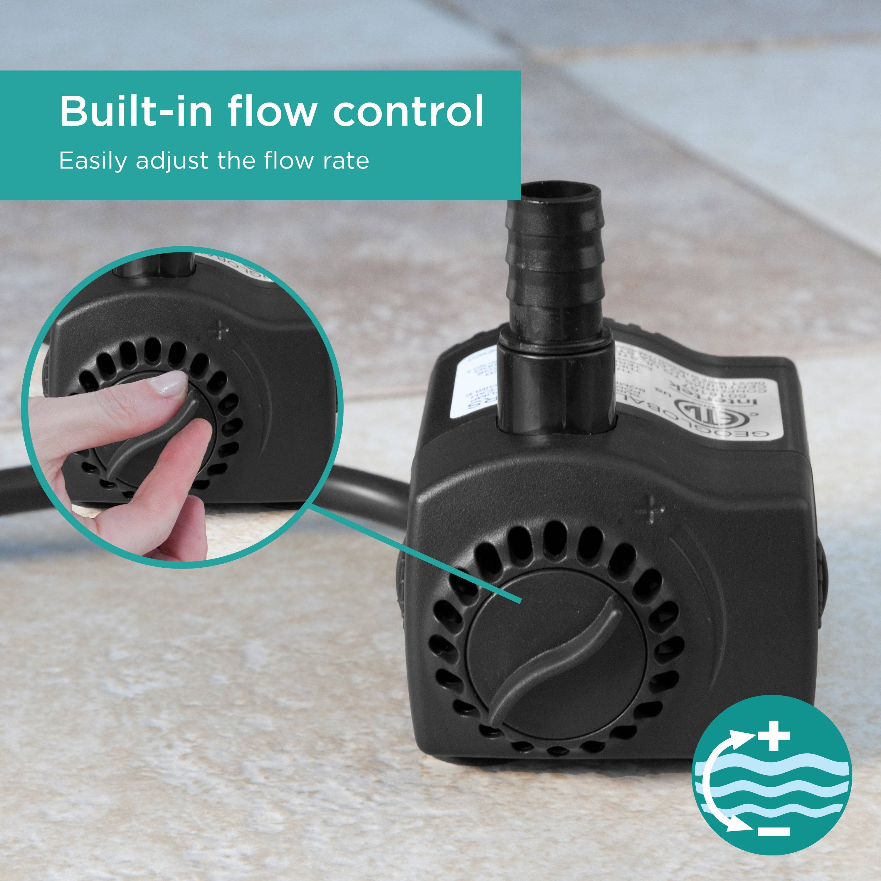 170 GPH Low-Water Auto Shut-off Fountain Pump features built-in flow control: easily adjust the flow rate 
