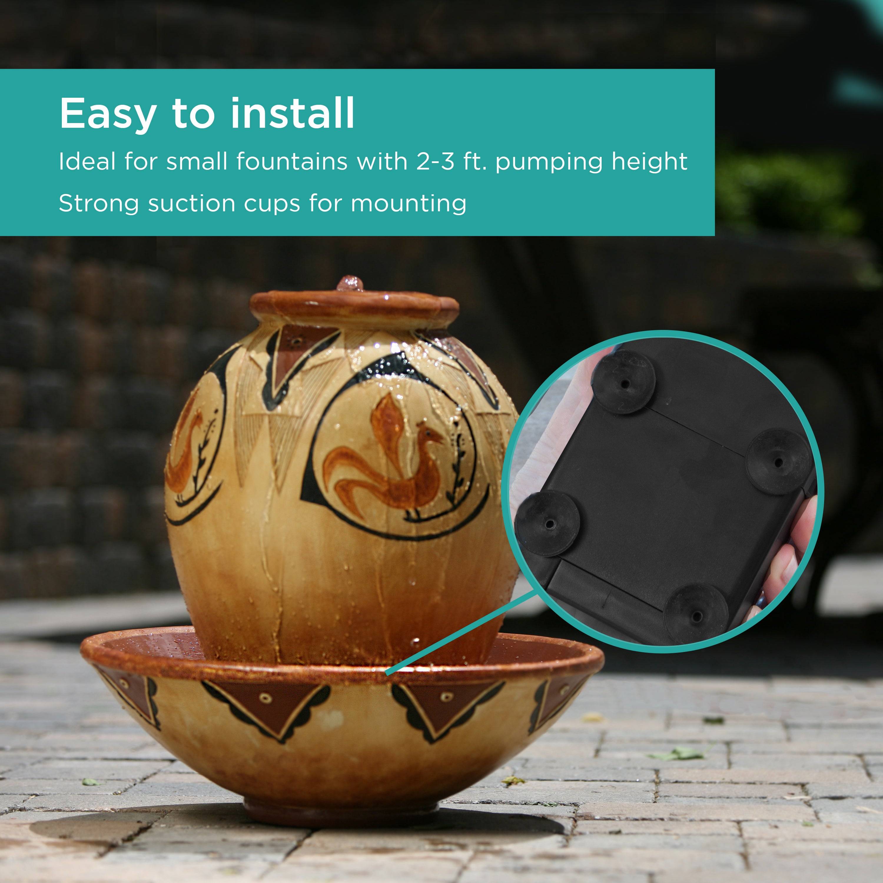 170 GPH Low-Water Auto Shut-off Fountain Pump is easy to install - ideal for small fountains with 2-3 ft pumping height and features strong suction cups for mounting