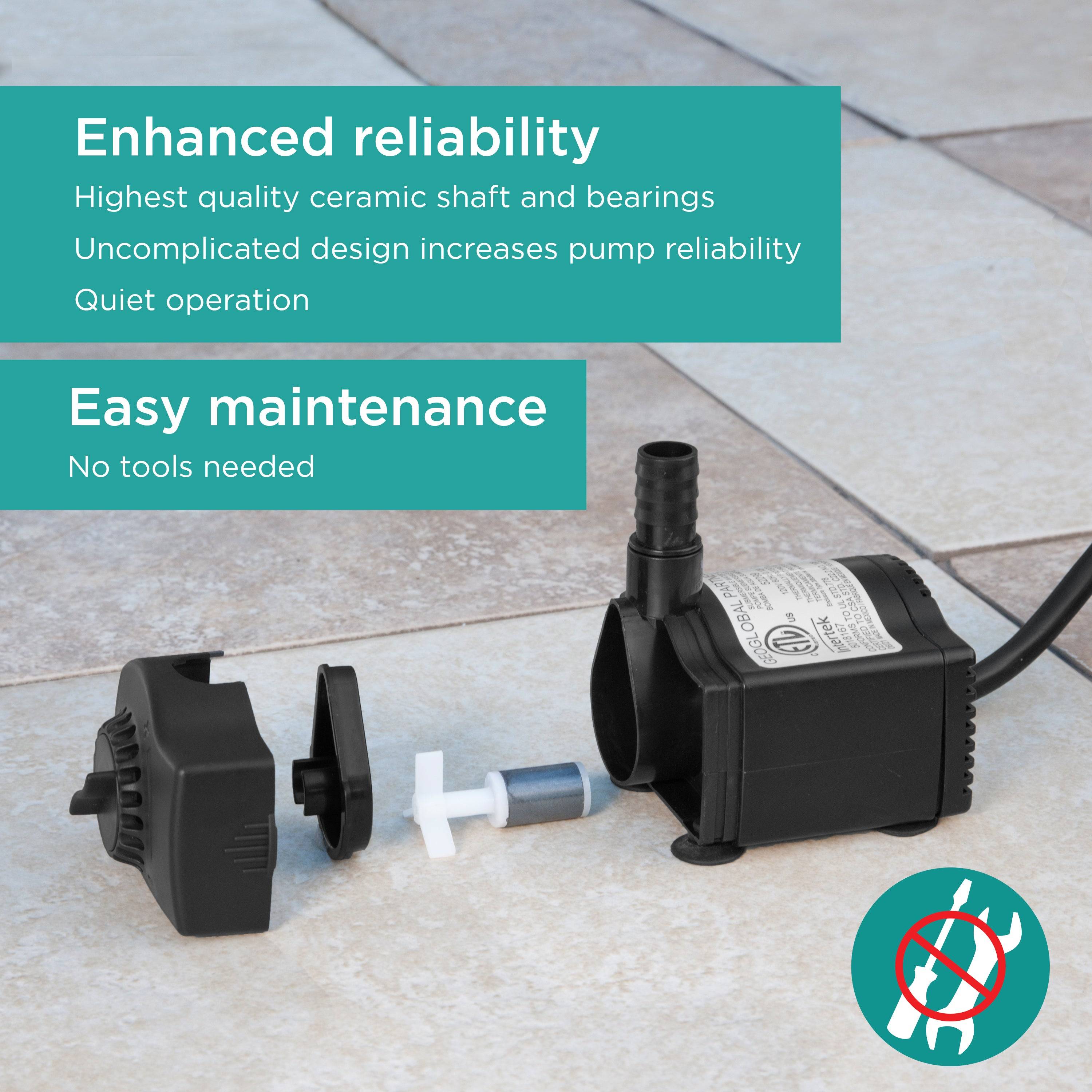 170 GPH Low-Water Auto Shut-off Fountain Pump features enhanced reliability and easy maintenance, with no tools required