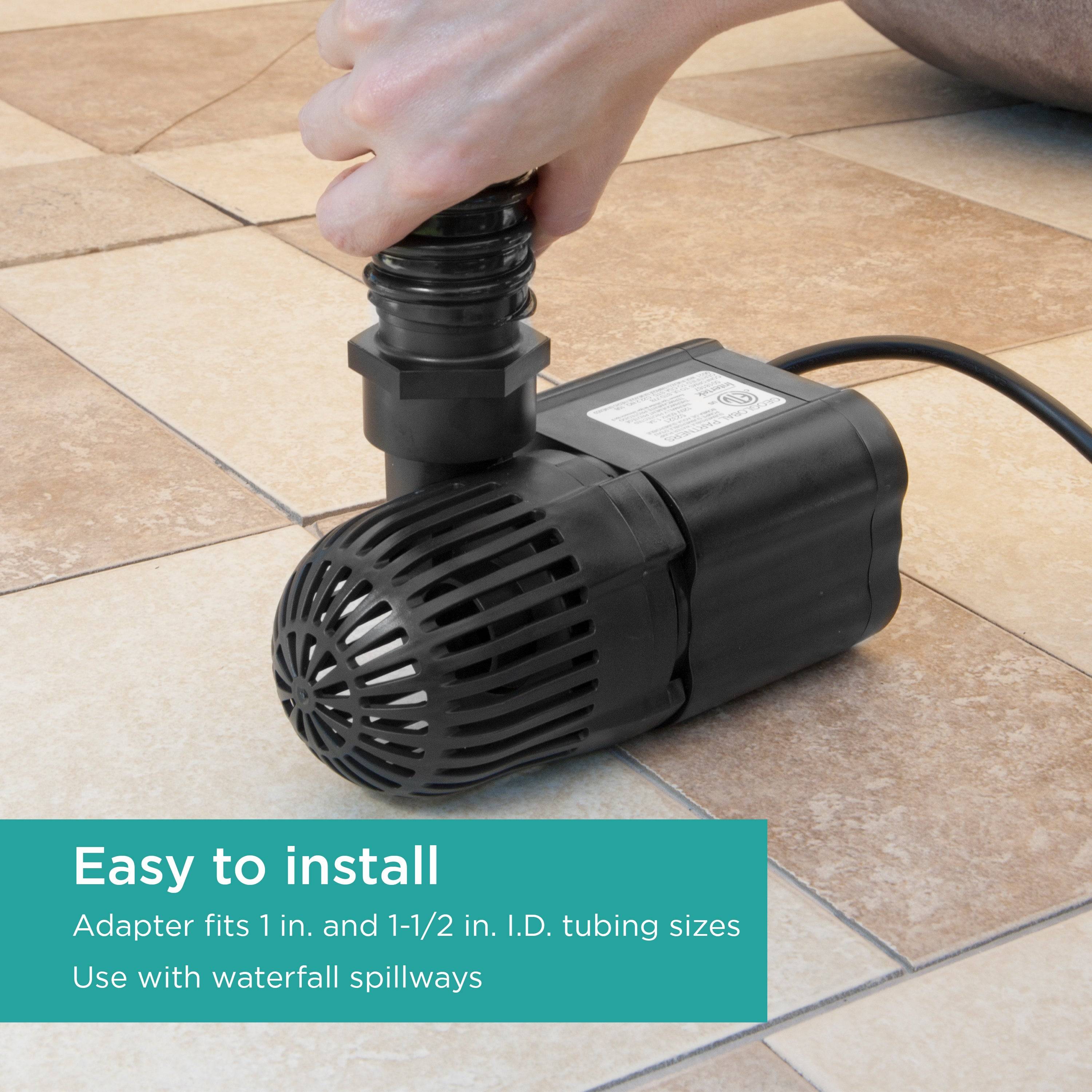 2,000 GPH Waterfall Pump is easy to install: adapter fits 1 in and 1-1/2 in I.D. tubing sizes; use with waterfall spillways