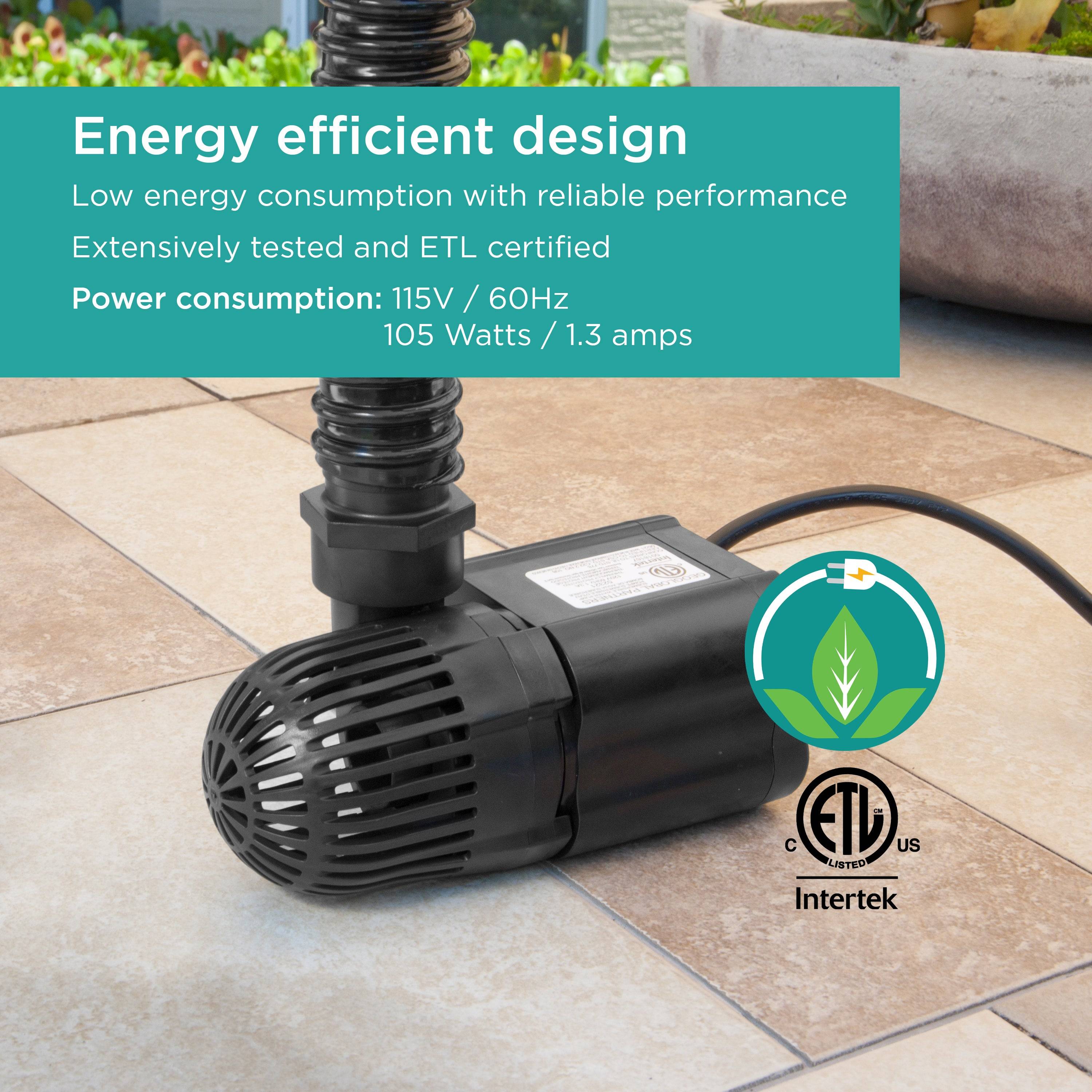 2,000 GPH Waterfall Pump features energy efficient design with low energy consumption, reliable performance, and is ETL certified