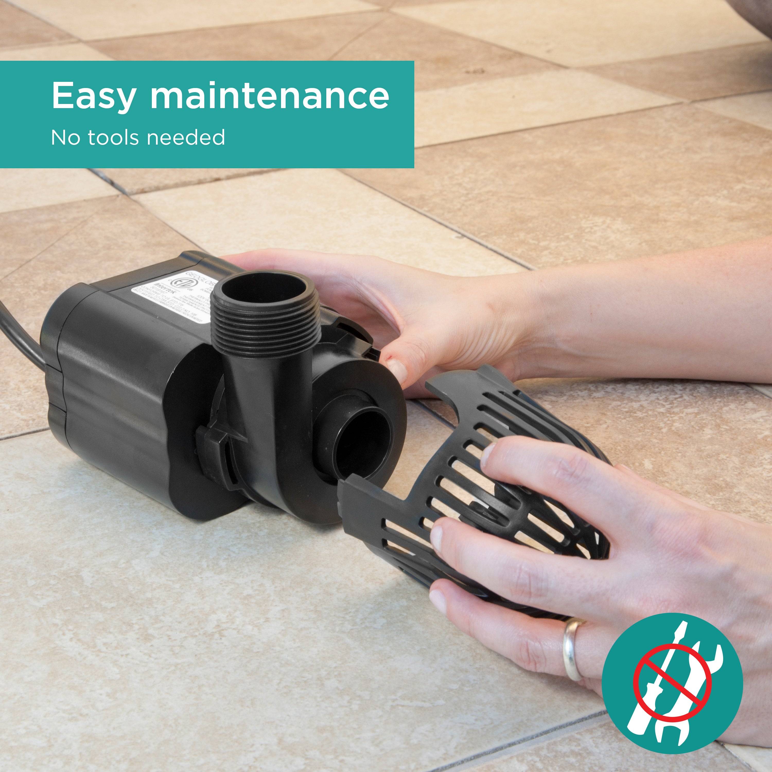 2,000 GPH Waterfall Pump features easy maintenance - no tools necessary 