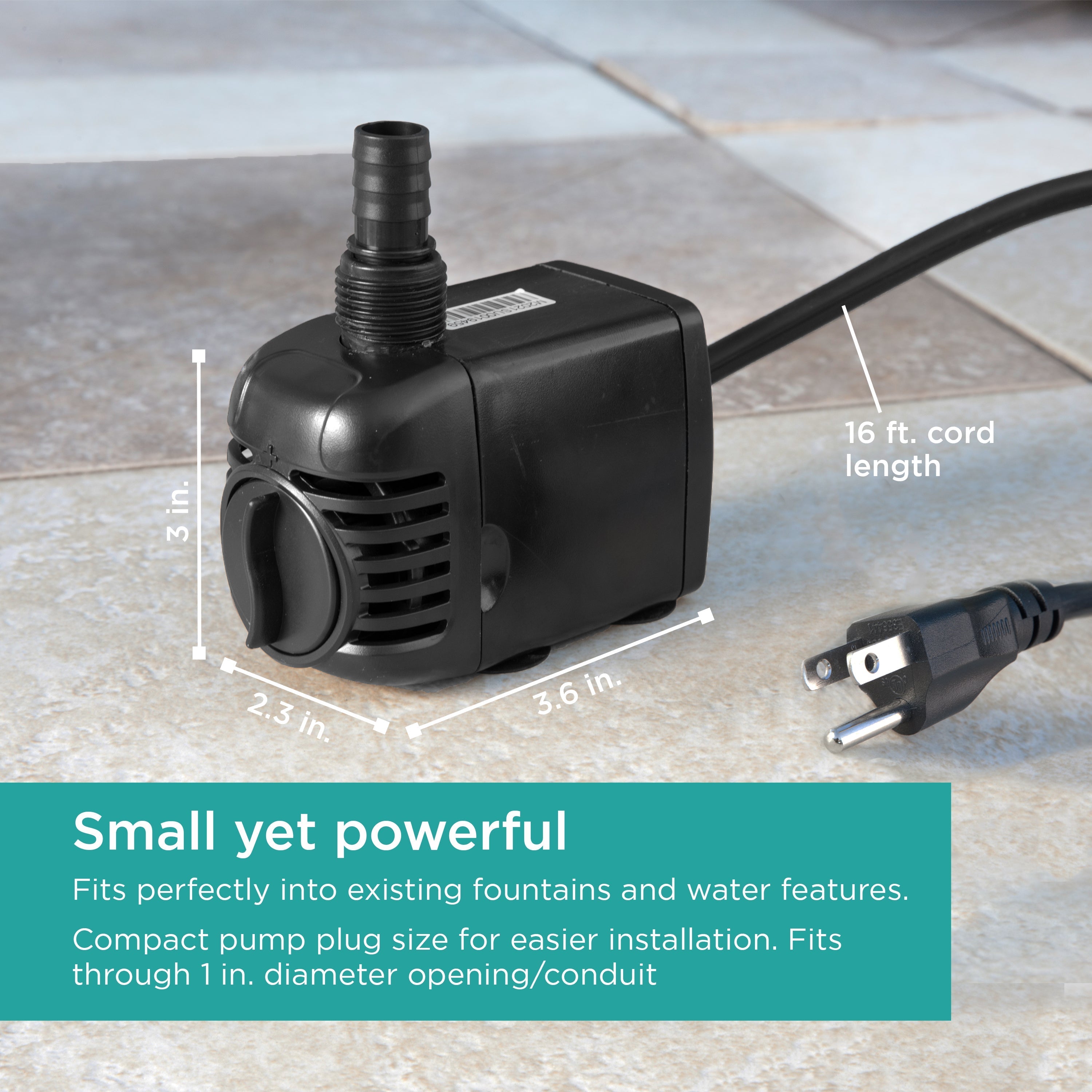 300 GPH Fountain Pump is small yet powerful - size chart 