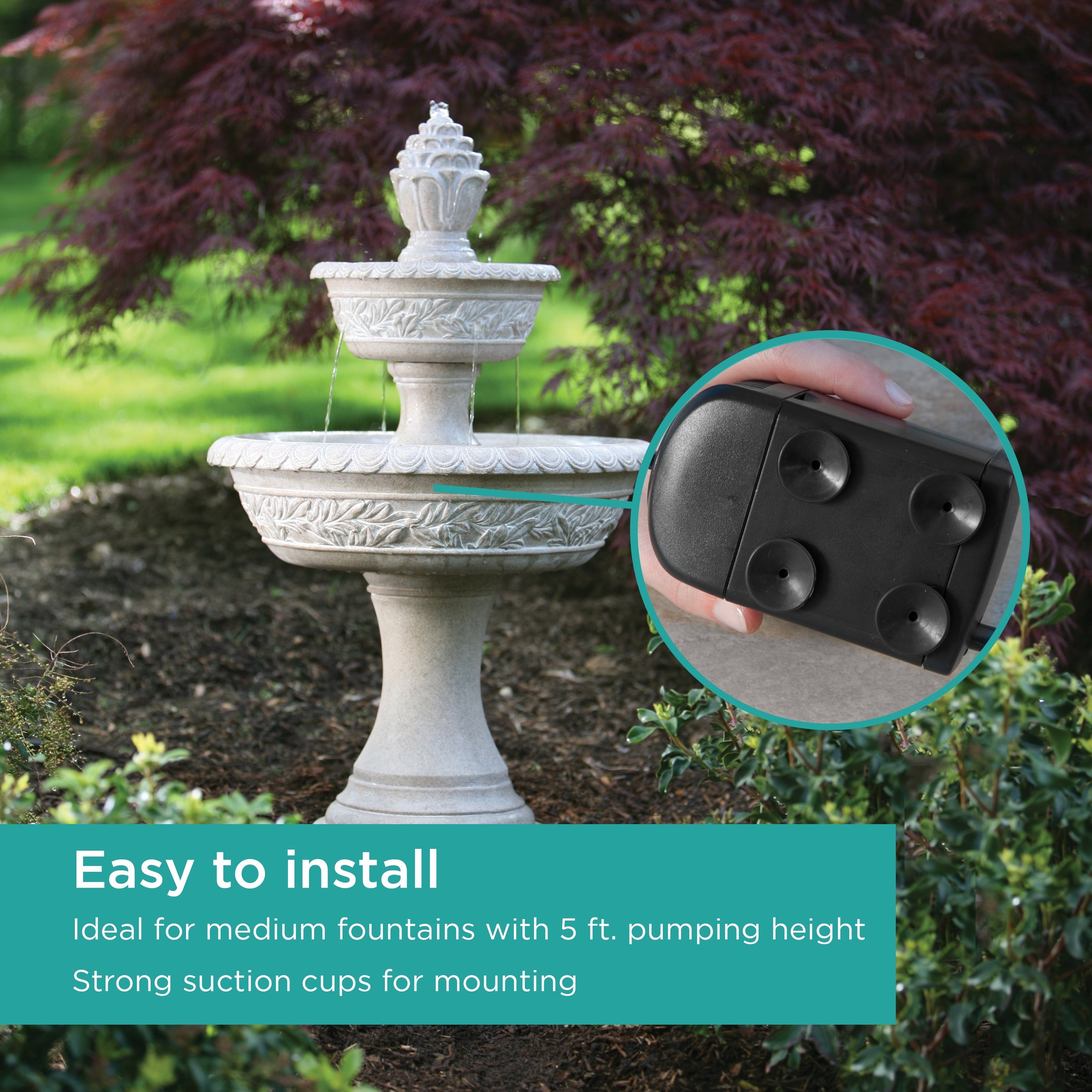 300 GPH Fountain Pump is easy to install - ideal for medium fountains with 5 ft pumping height and features strong suction cups for mounting
