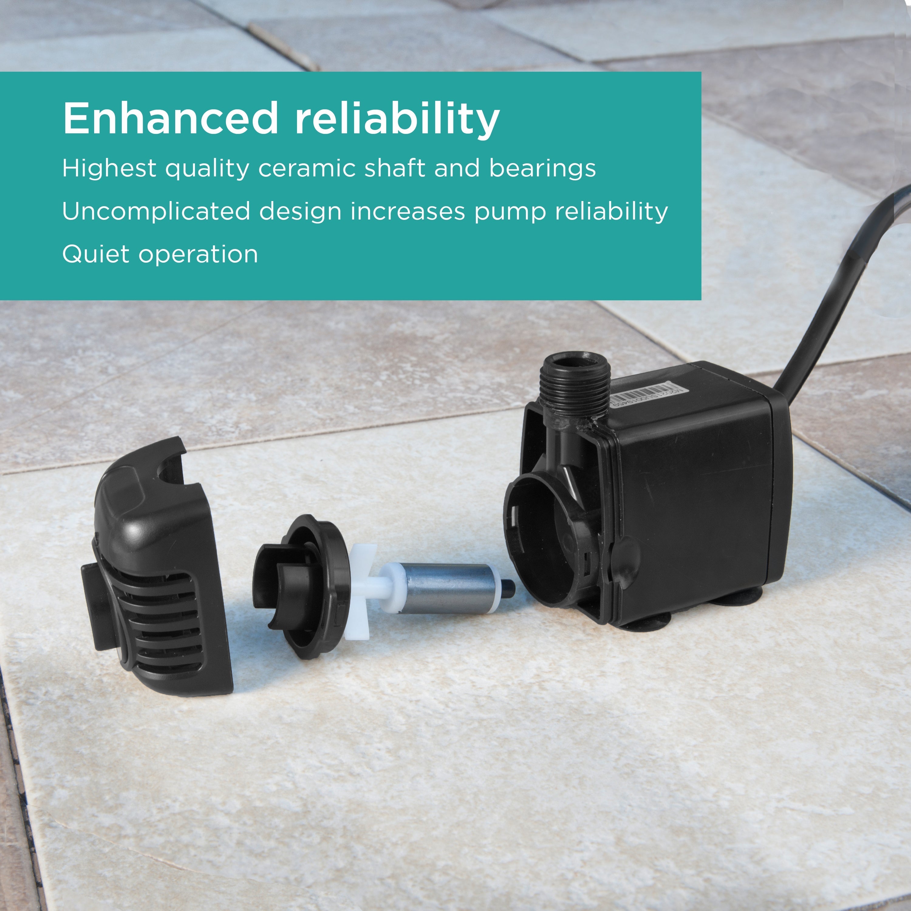 300 GPH Fountain Pump features enhanced reliability - high quality ceramic shaft and bearings, uncomplicated design, and quiet operation 