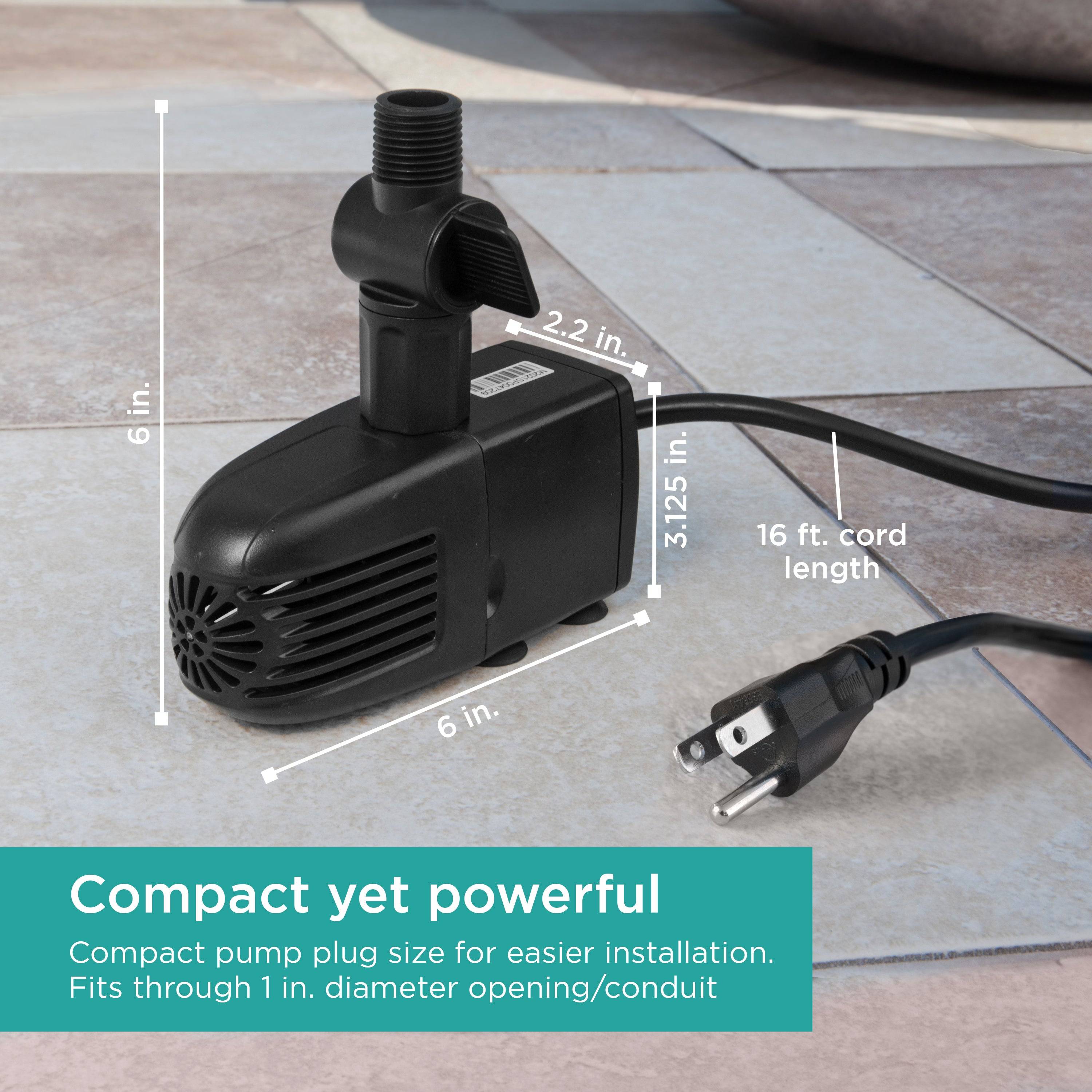 330 GPH Pond Pump is compact yet powerful - size chart