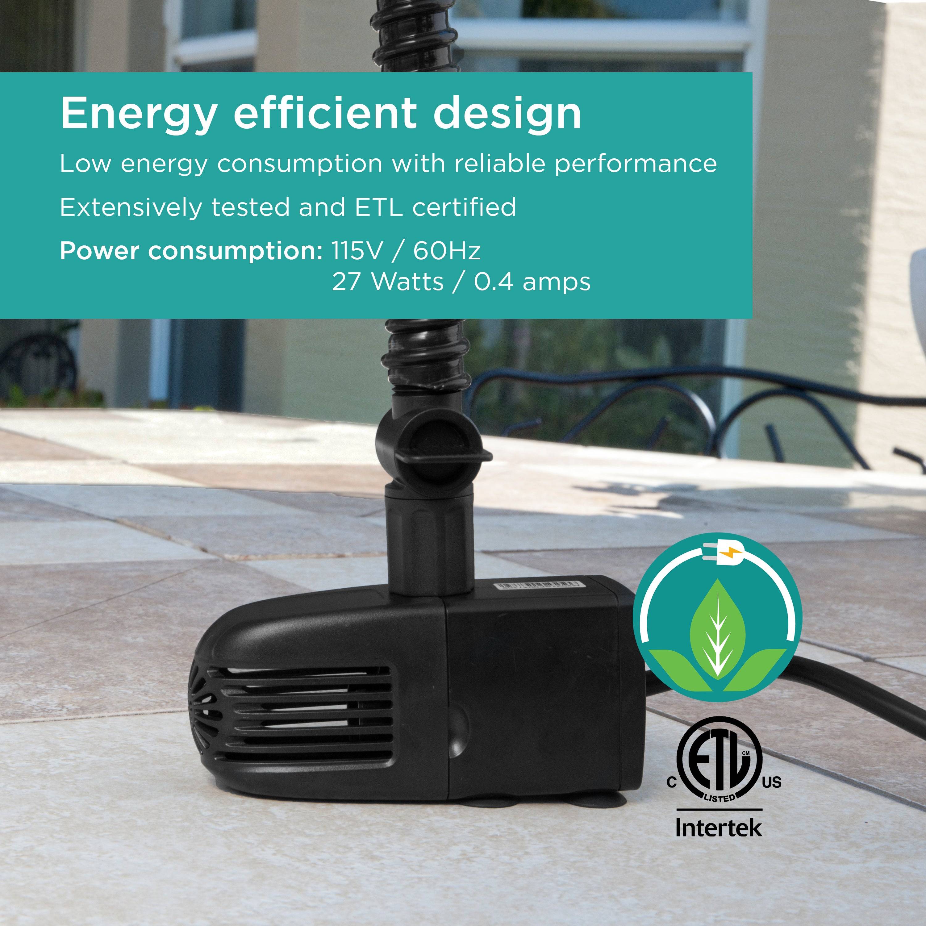 330 GPH Pond Pump features energy efficient design with low energy consumption, reliable performance, and is ETL certified