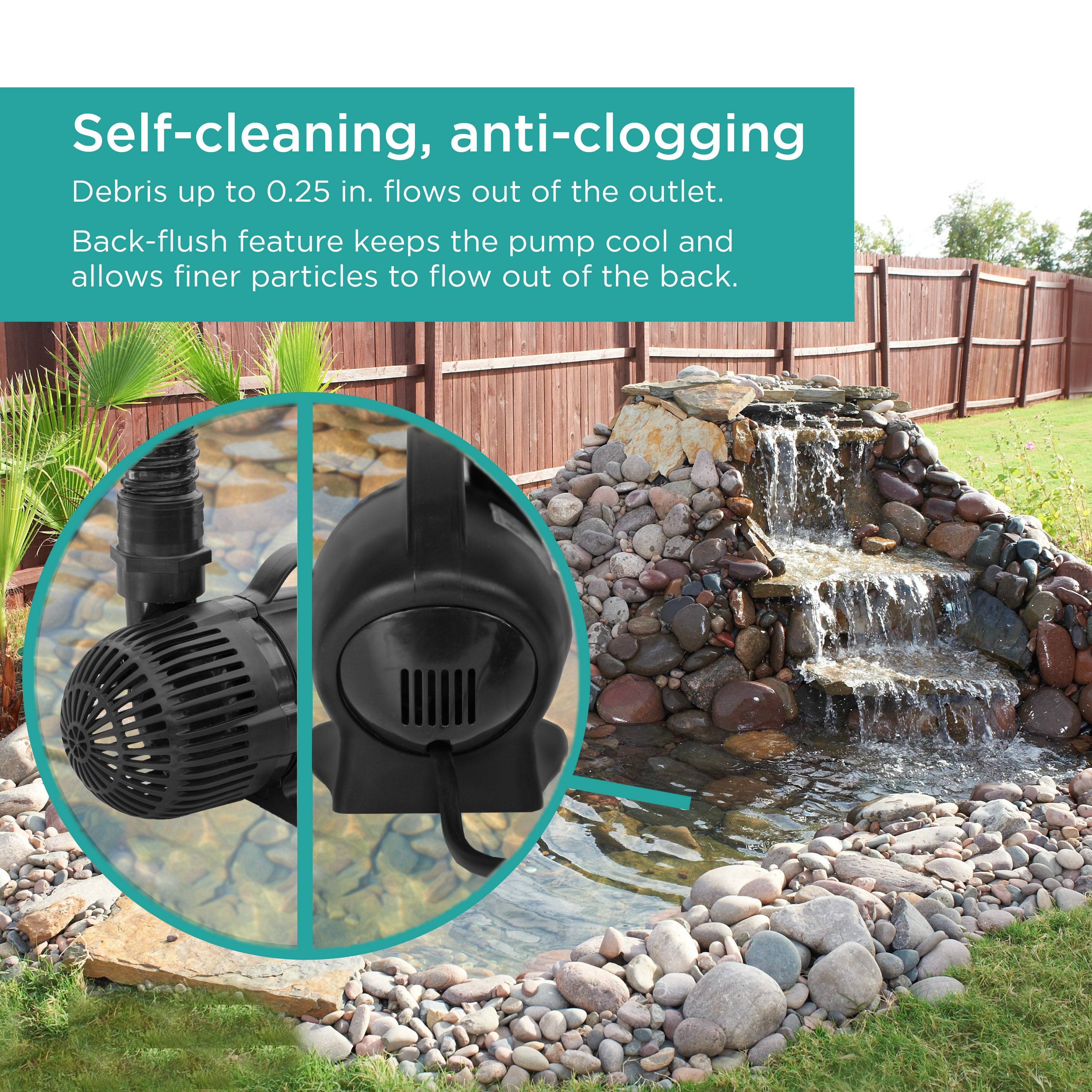 3,600 GPH Waterfall Pump features self-cleaning and anti-clogging