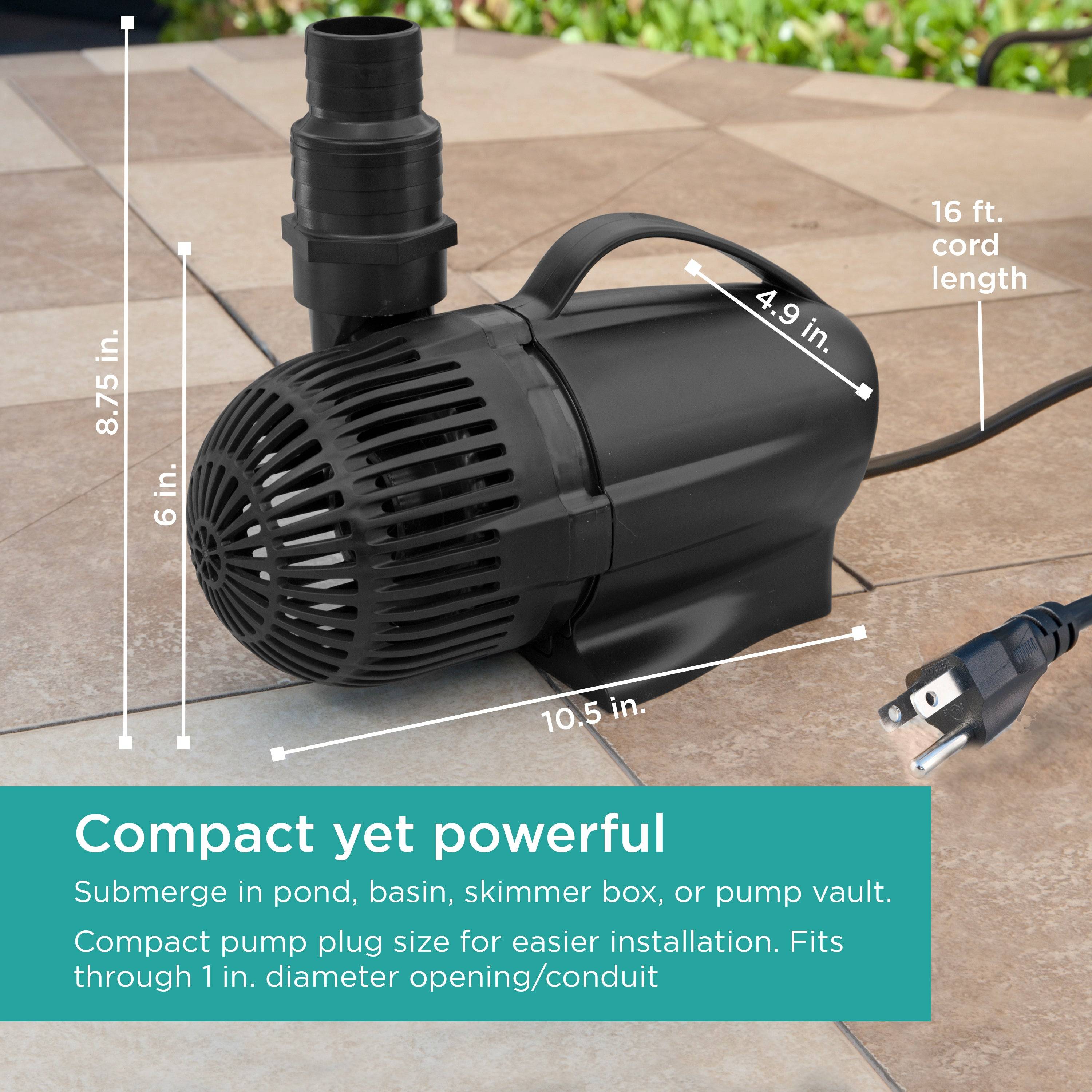 3,600 GPH Waterfall Pump is compact yet powerful - size chart