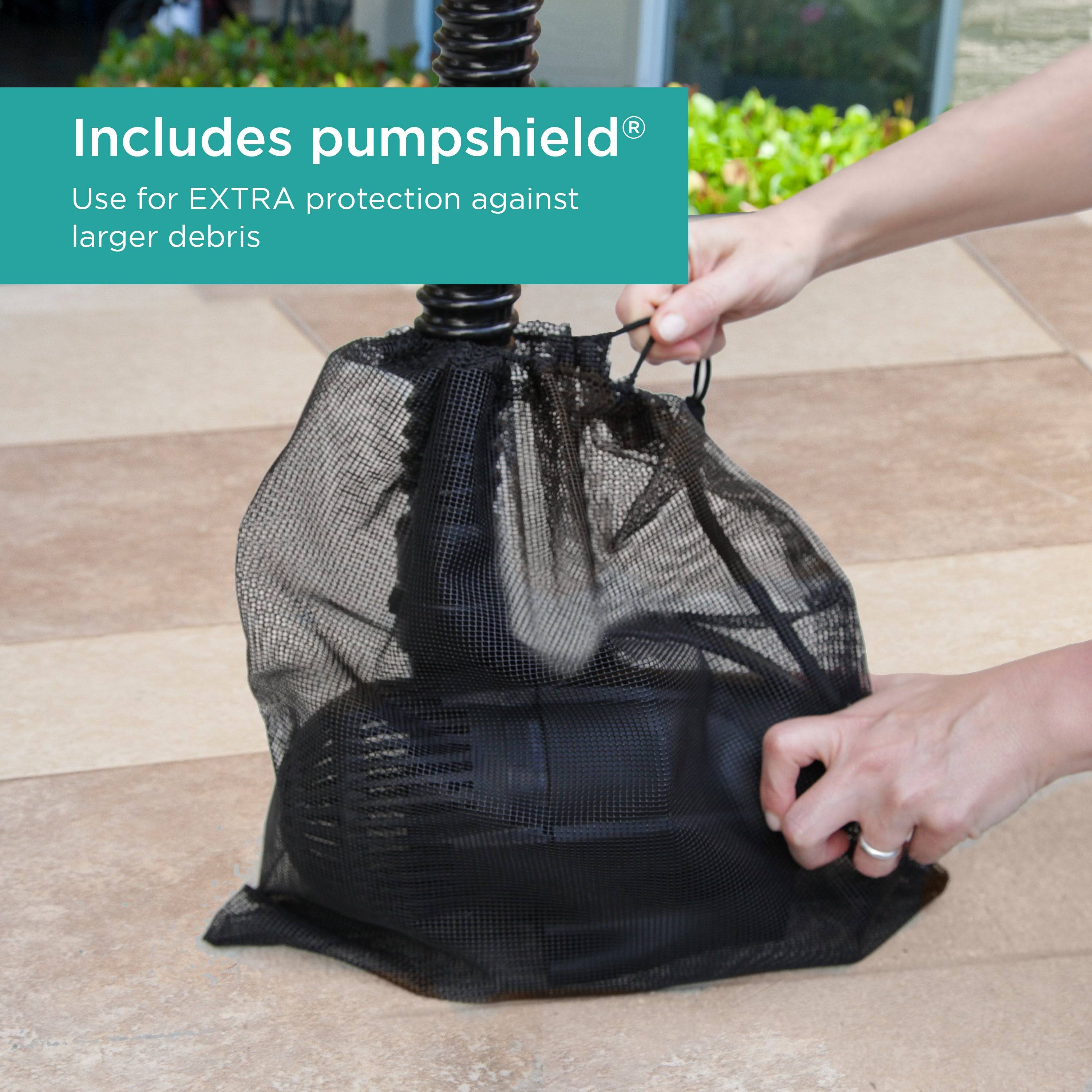 3,600 GPH Waterfall Pump includes pumpshield for extra protection against larger debris 