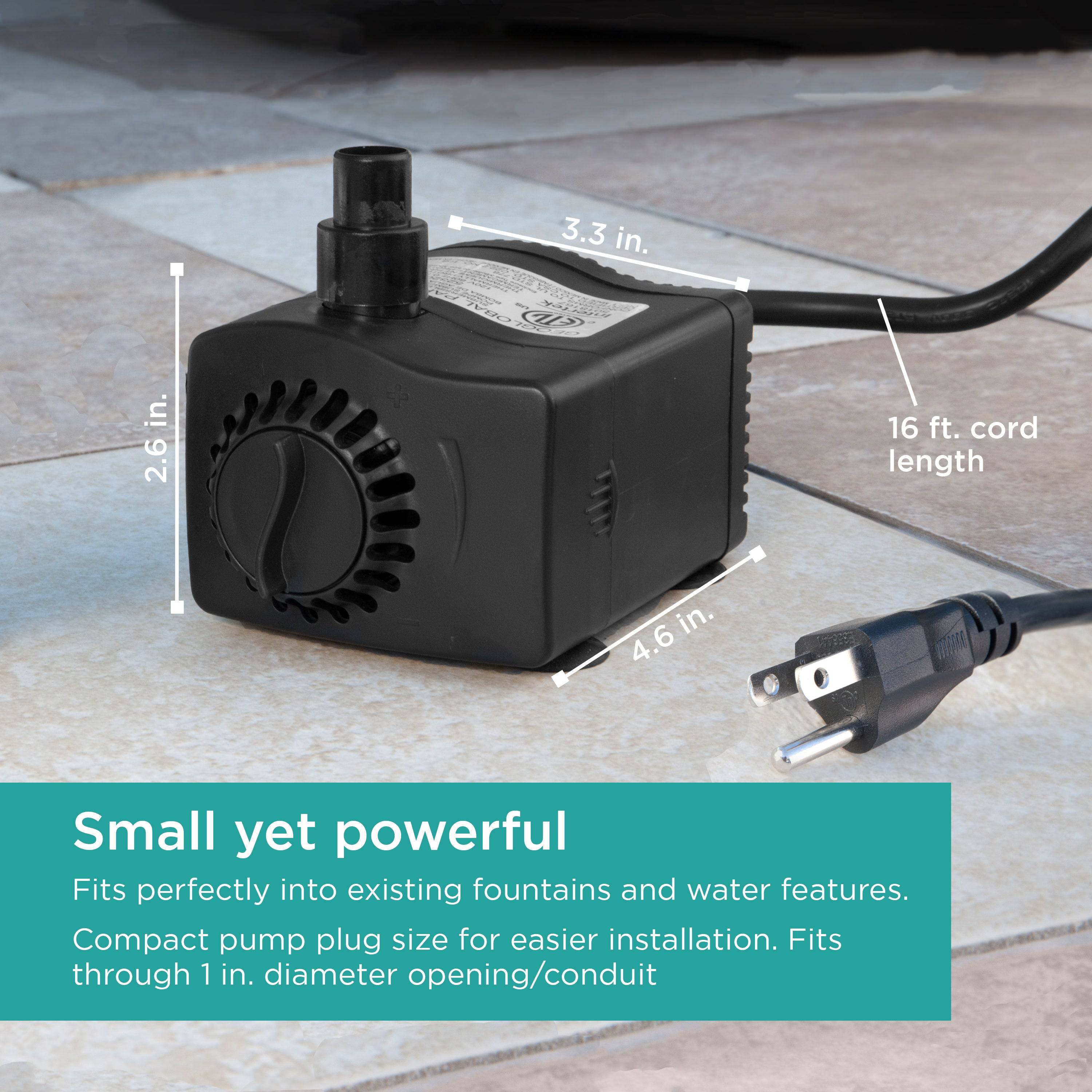 Fountain Pump with Low Water Shut-Off Feature & LED Light is small yet powerful - size chart