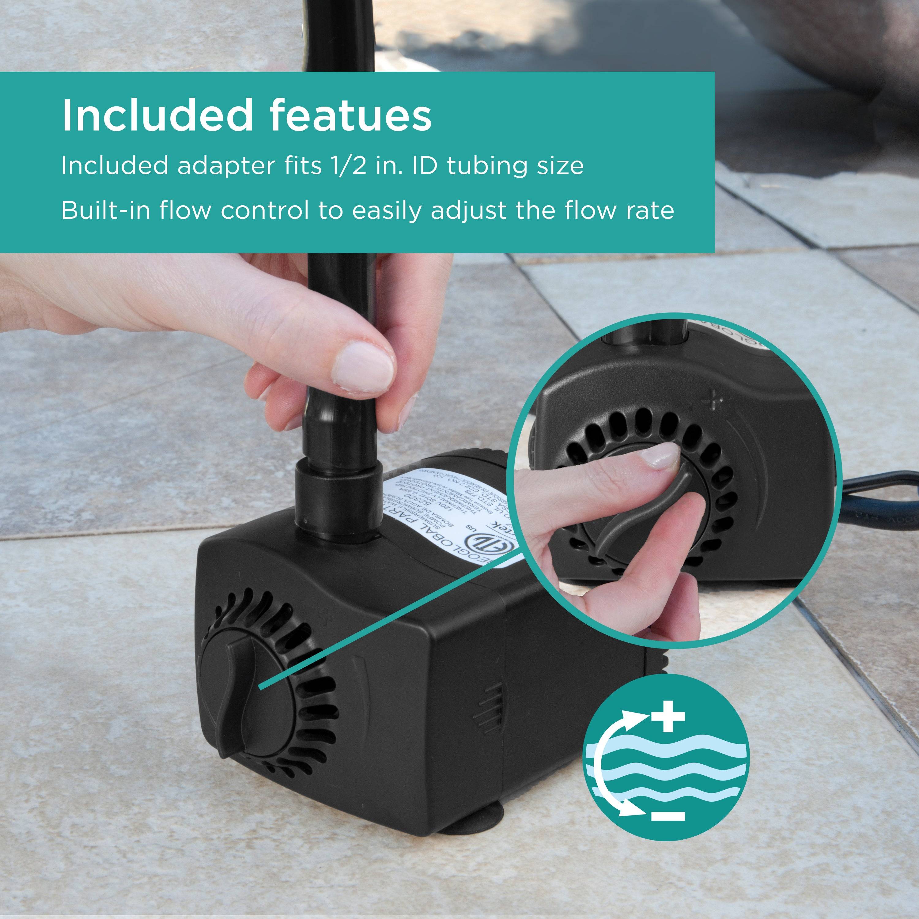 Fountain Pump with Low Water Shut-Off Feature & LED Light includes adapter for 1/2 in. ID tubing and built-in flow control to easily adjust flow rate