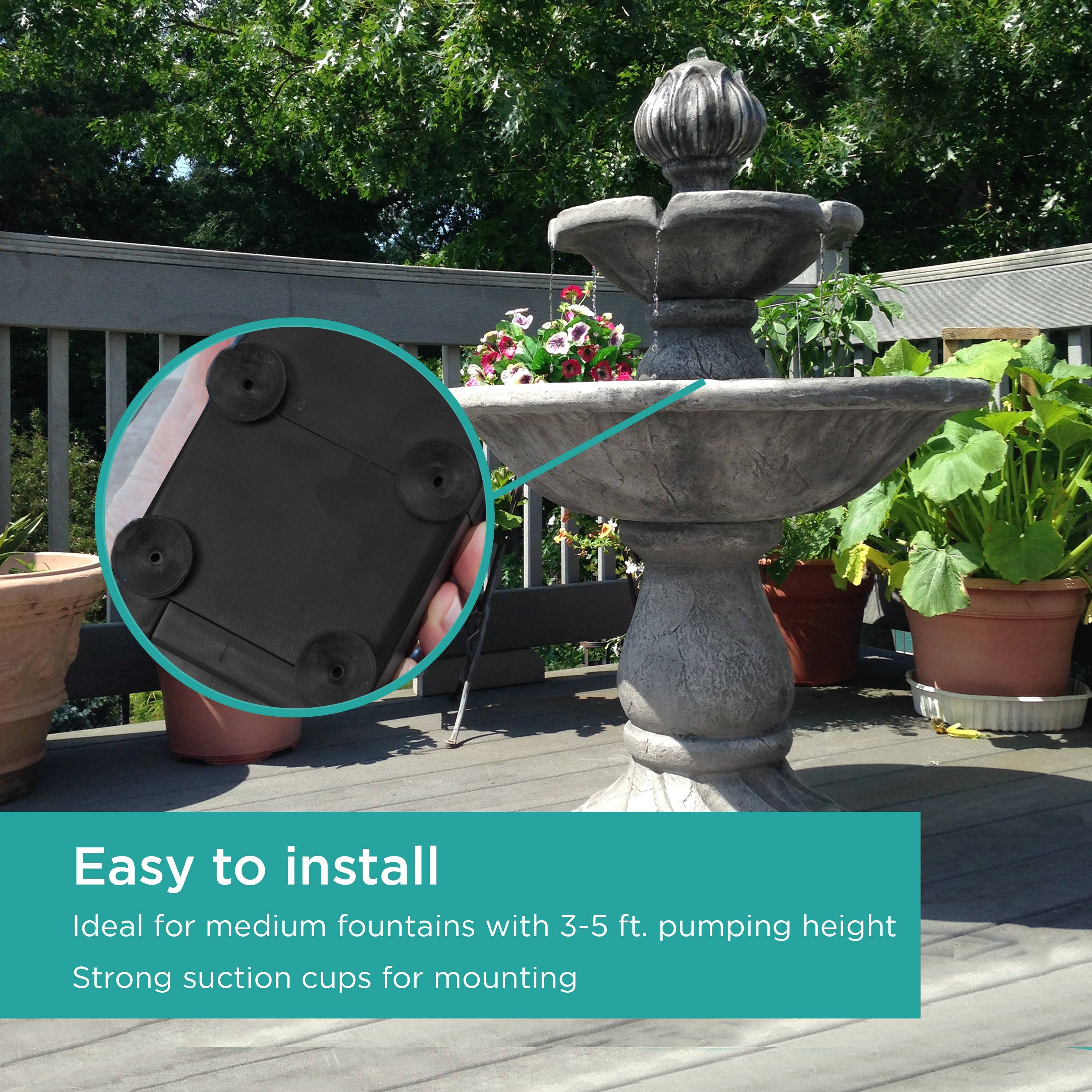 Fountain Pump with Low Water Shut-Off Feature & LED Light is easy to install with strong suction cups for mounting