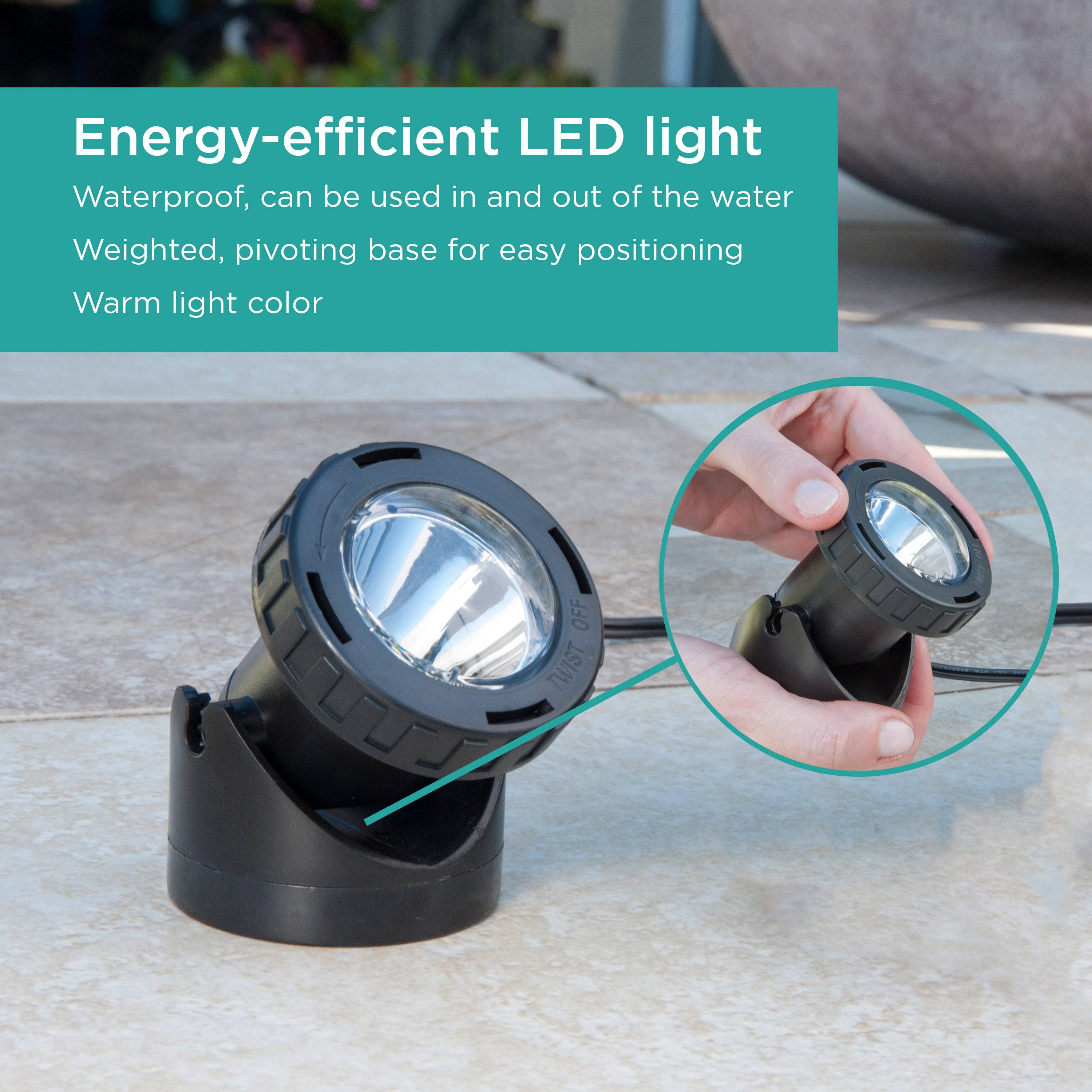 Fountain Pump with Low Water Shut-Off Feature & LED Light features energy efficient LED light that is waterproof, weighted, and features pivoting base and warm light color