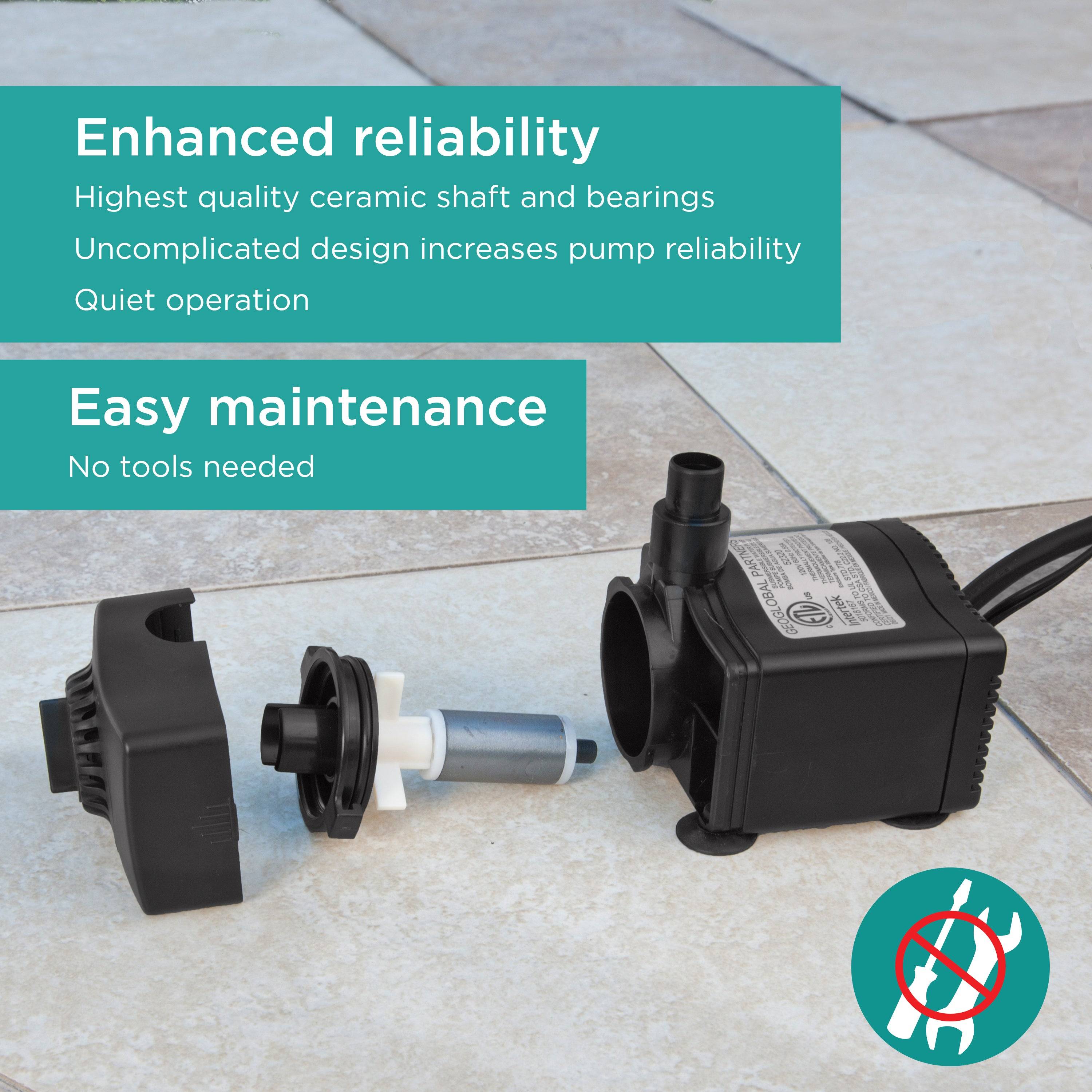 Fountain Pump with Low Water Shut-Off Feature & LED Light features enhanced reliability and easy maintenance with no tools needed