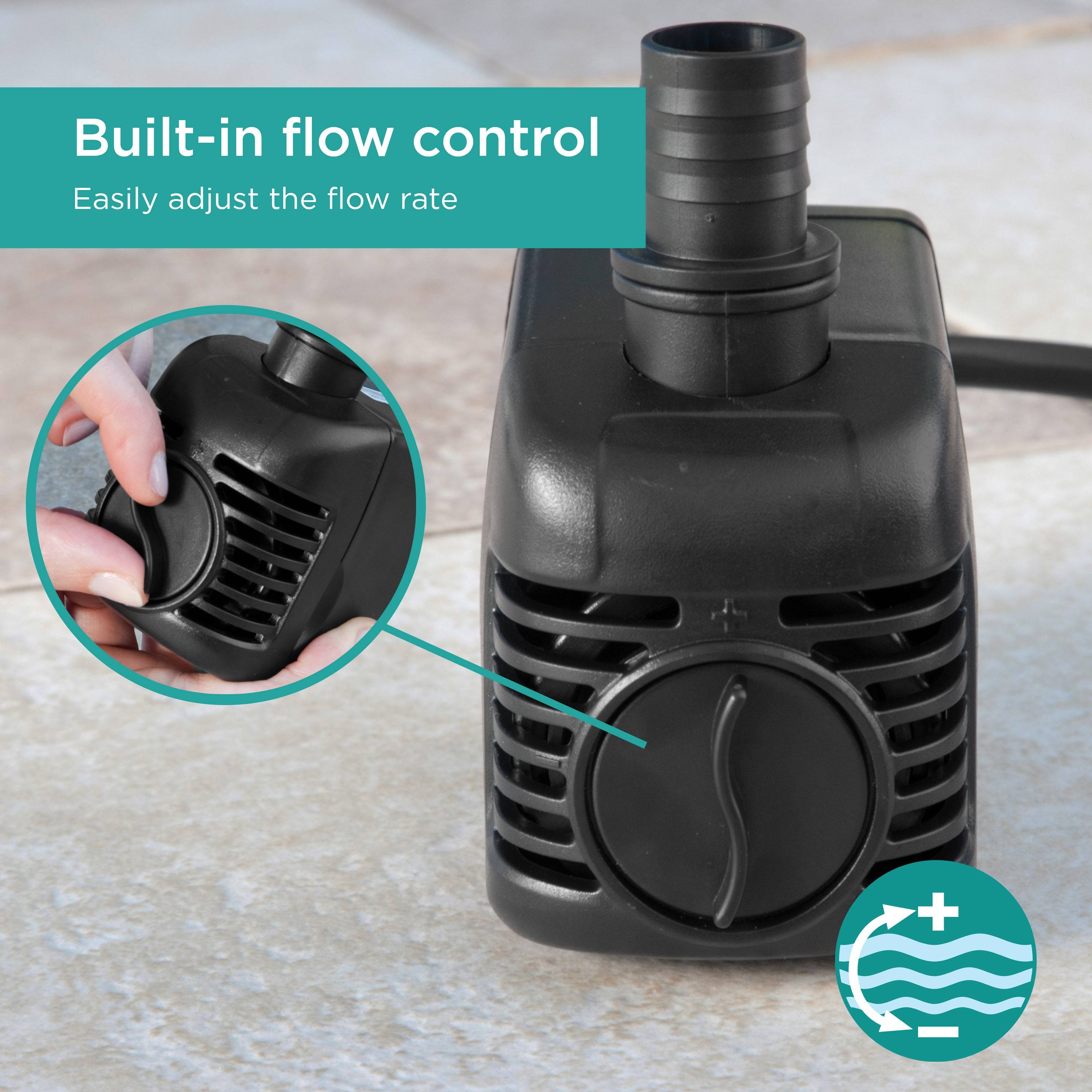 500 GPH Fountain Pump features built in flow control with easily adjustable flow rate