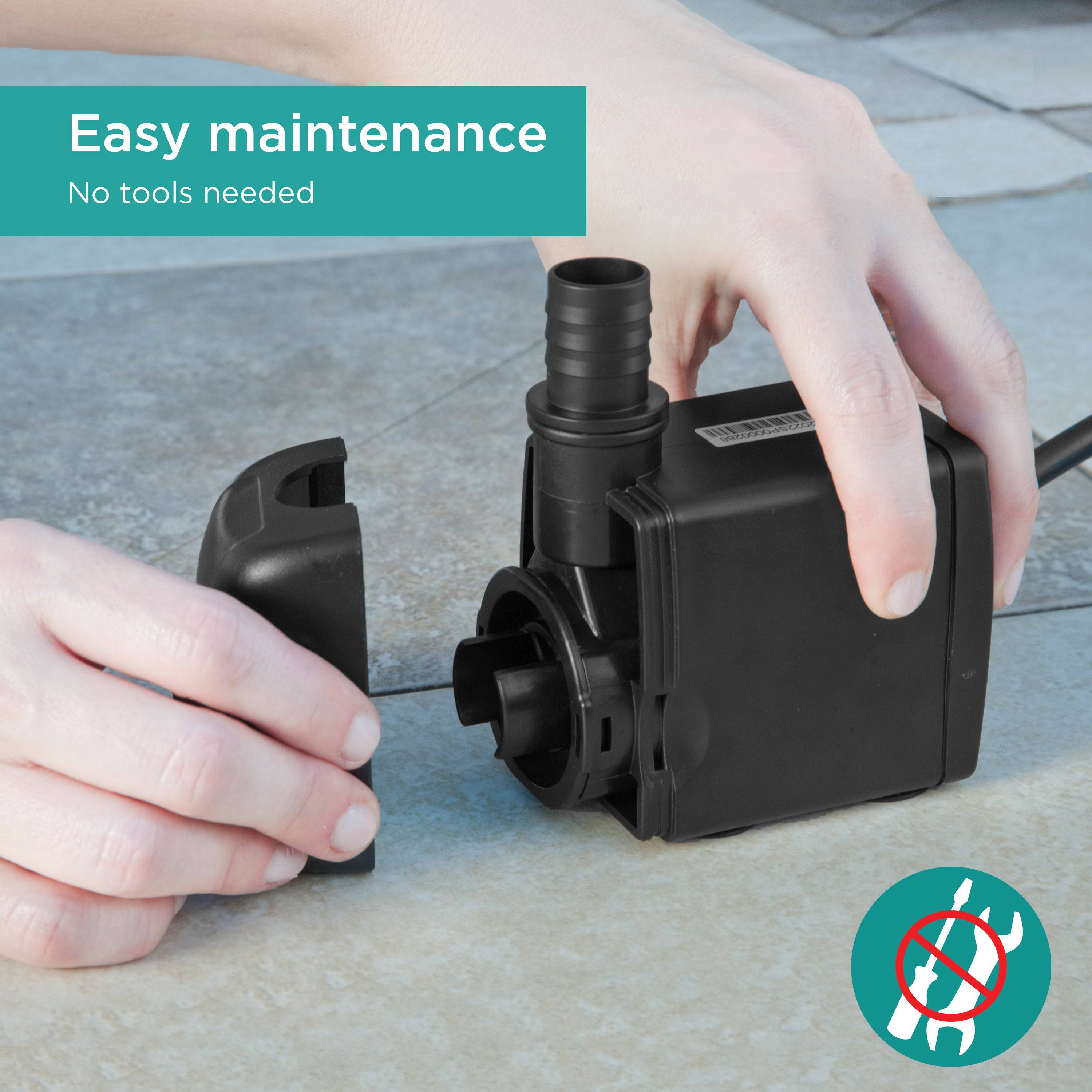 500 GPH Fountain Pump features easy maintenance with no tools needed