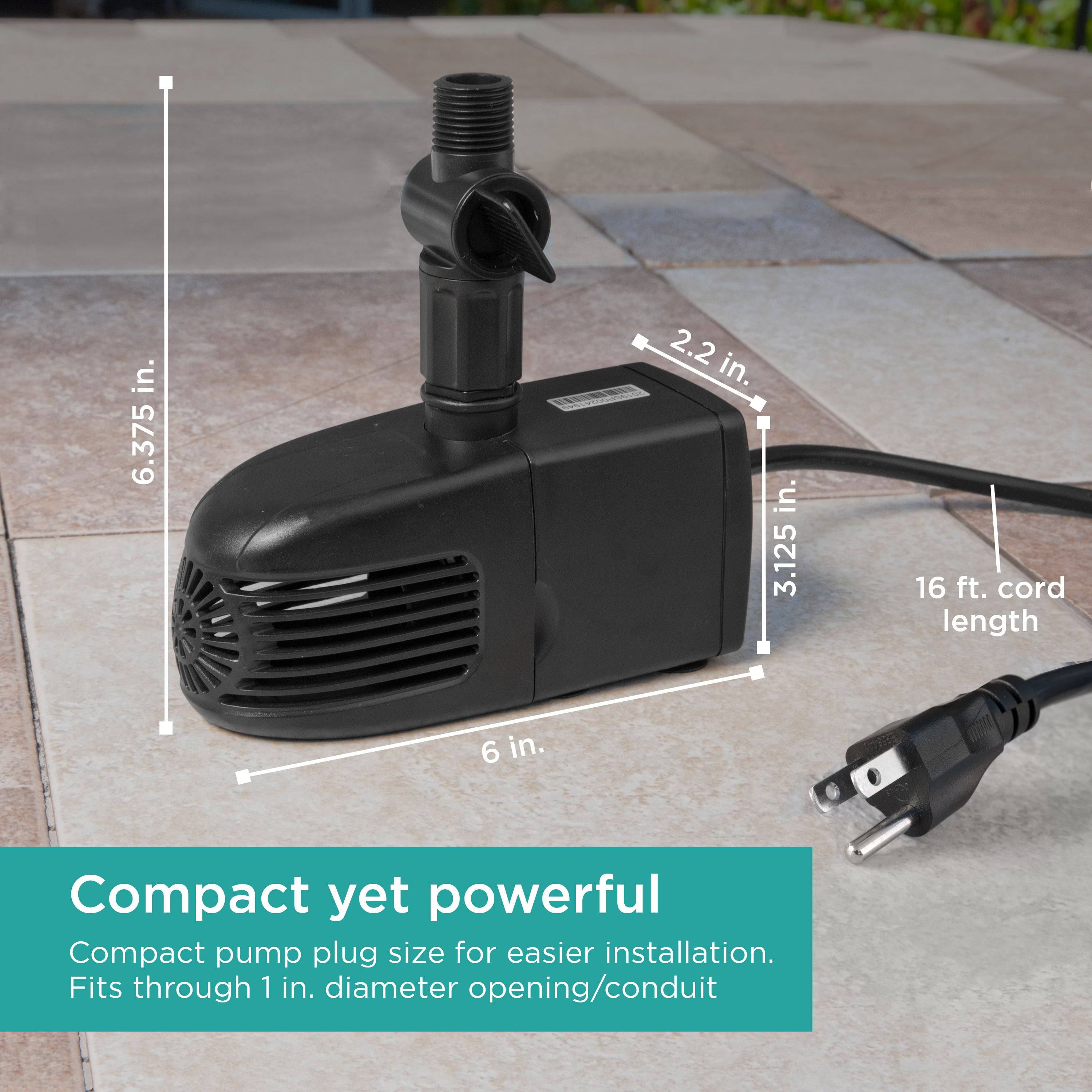 560 GPH Pond Pump is compact yet powerful - size chart
