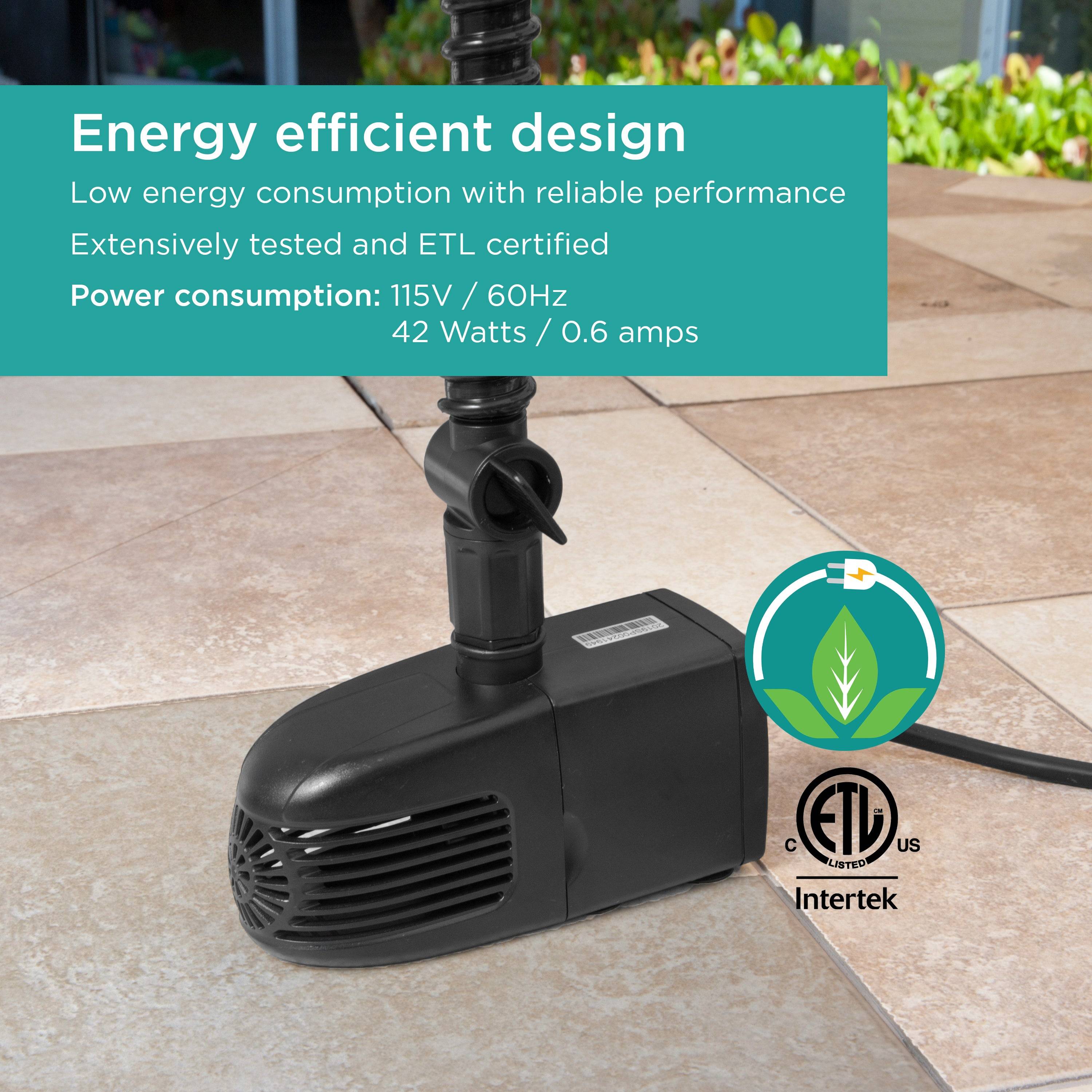 560 GPH Pond Pump features energy efficient design with low energy consumption, reliable performance, and ETL certified 