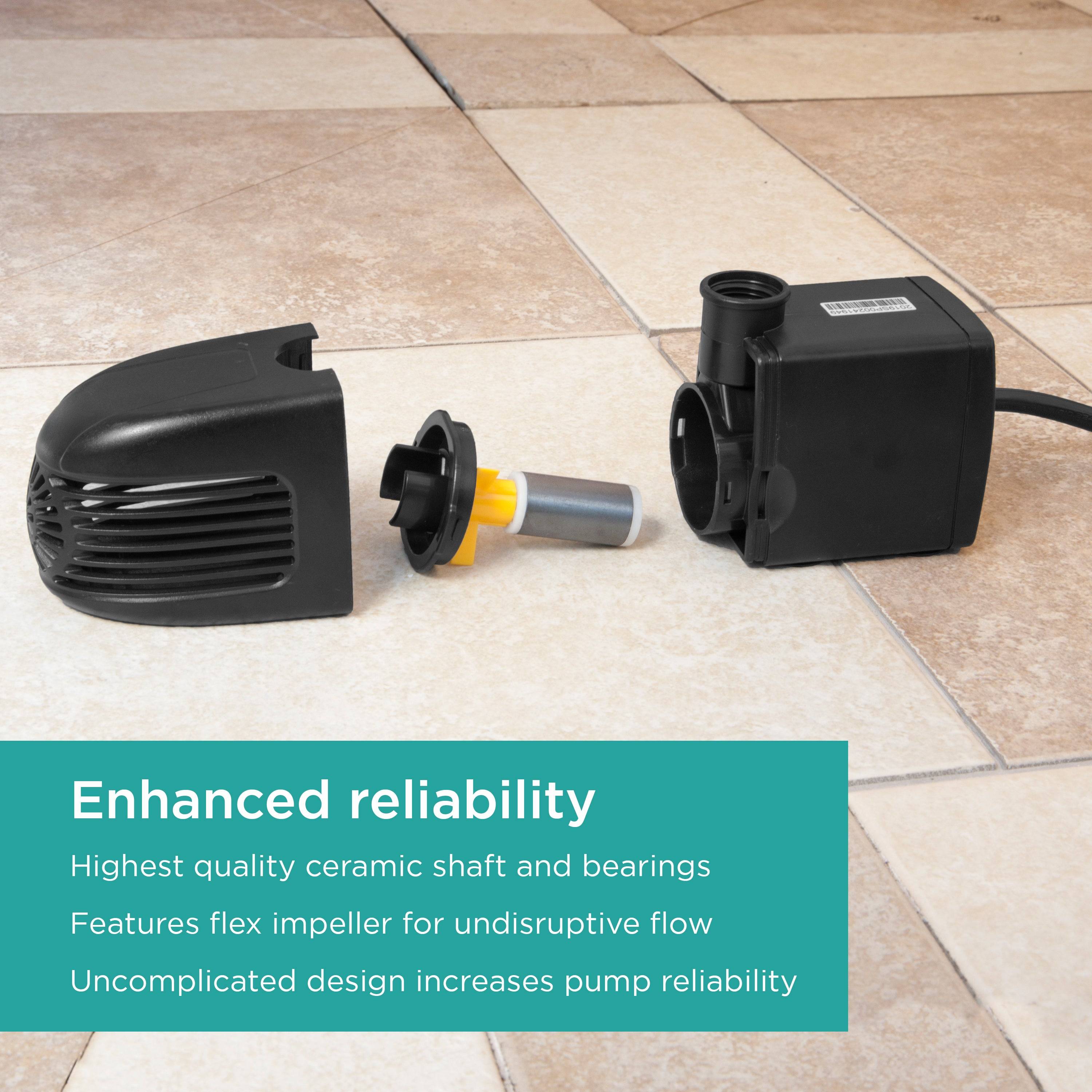 560 GPH Pond Pump features enhanced reliability - ceramic shaft and bearings, flex impeller, and uncomplicated design