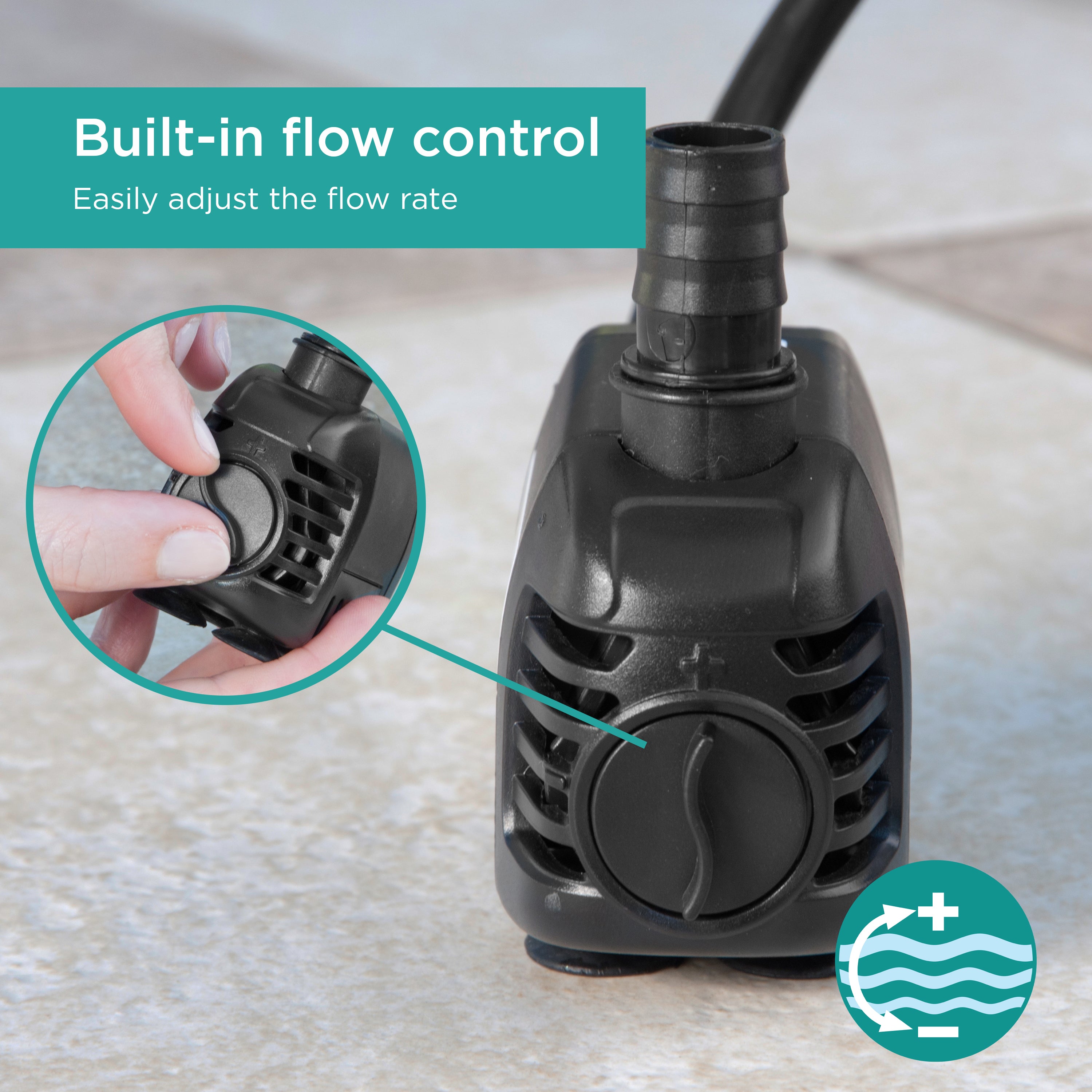 70 GPH Fountain Pump features easily adjustable, built-in flow control 
