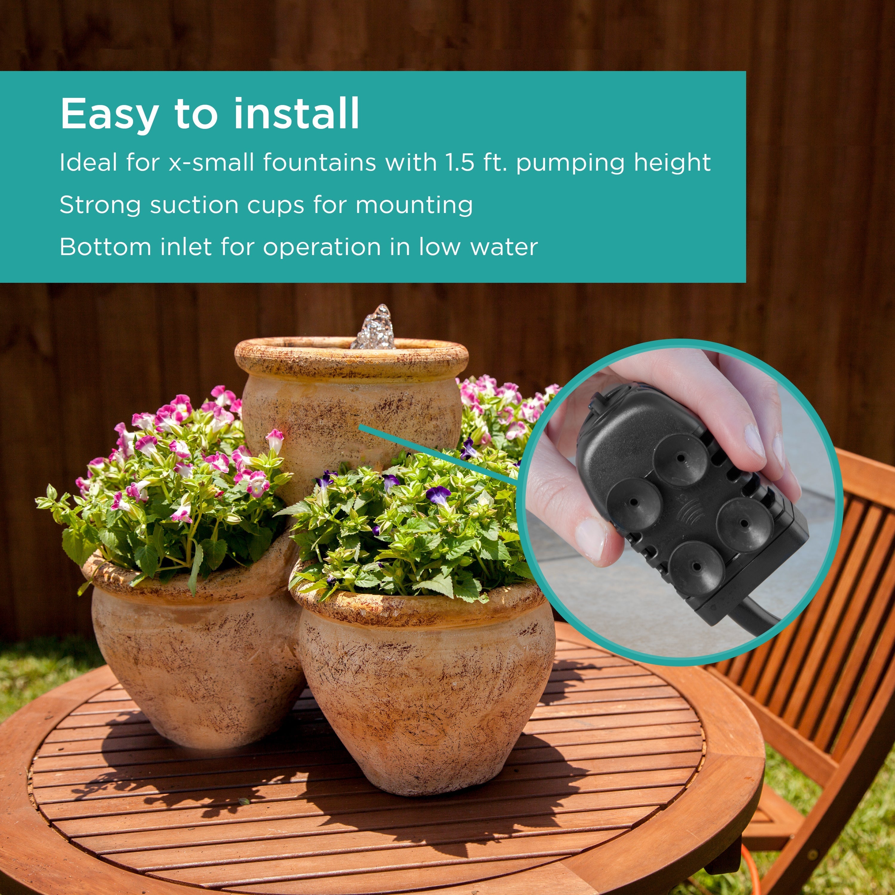 70 GPH Fountain Pump is easy to install - includes strong suction cups and bottom inlet