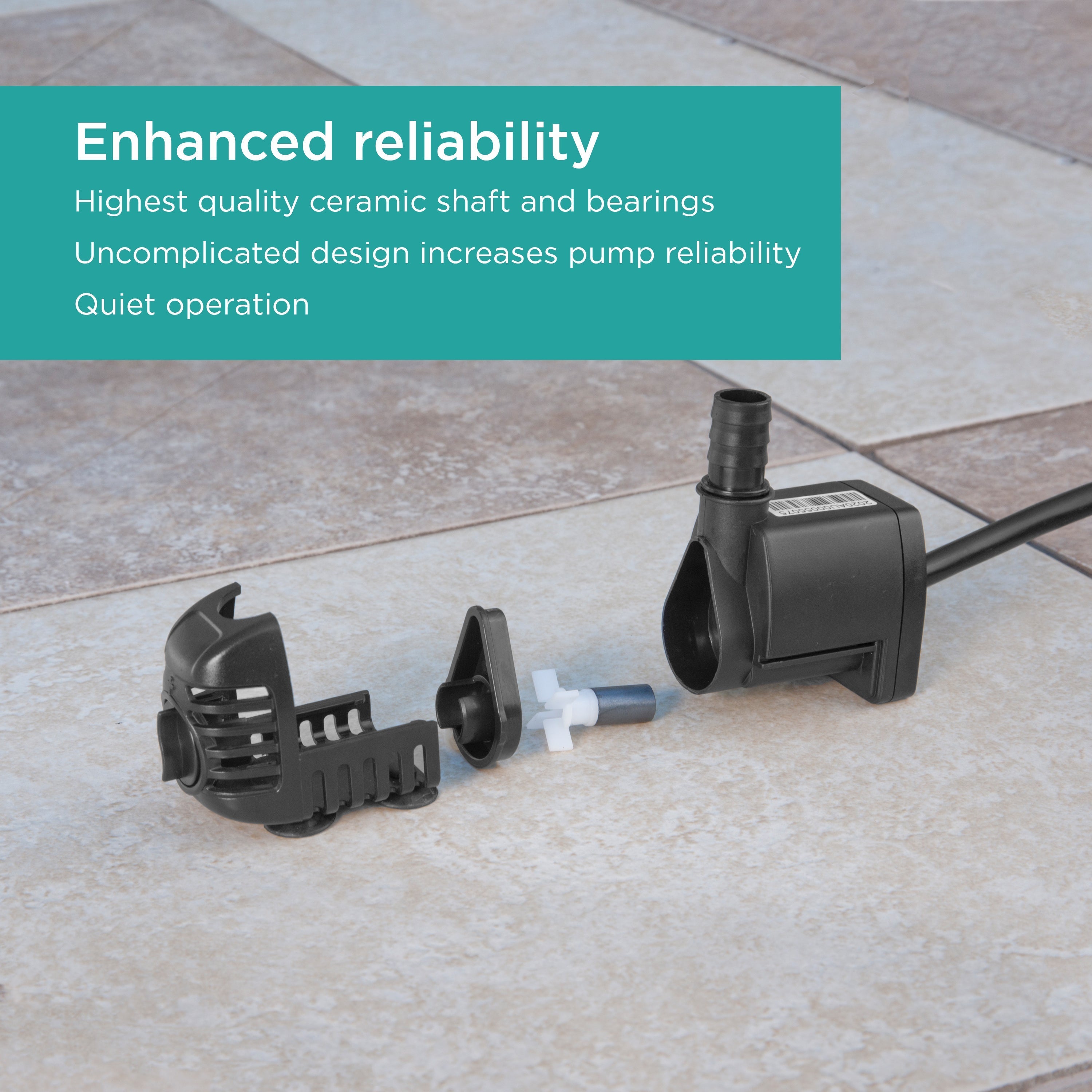 70 GPH Fountain Pump features enhanced reliability with ceramic shaft and bearings, uncomplicated design, and quiet operation