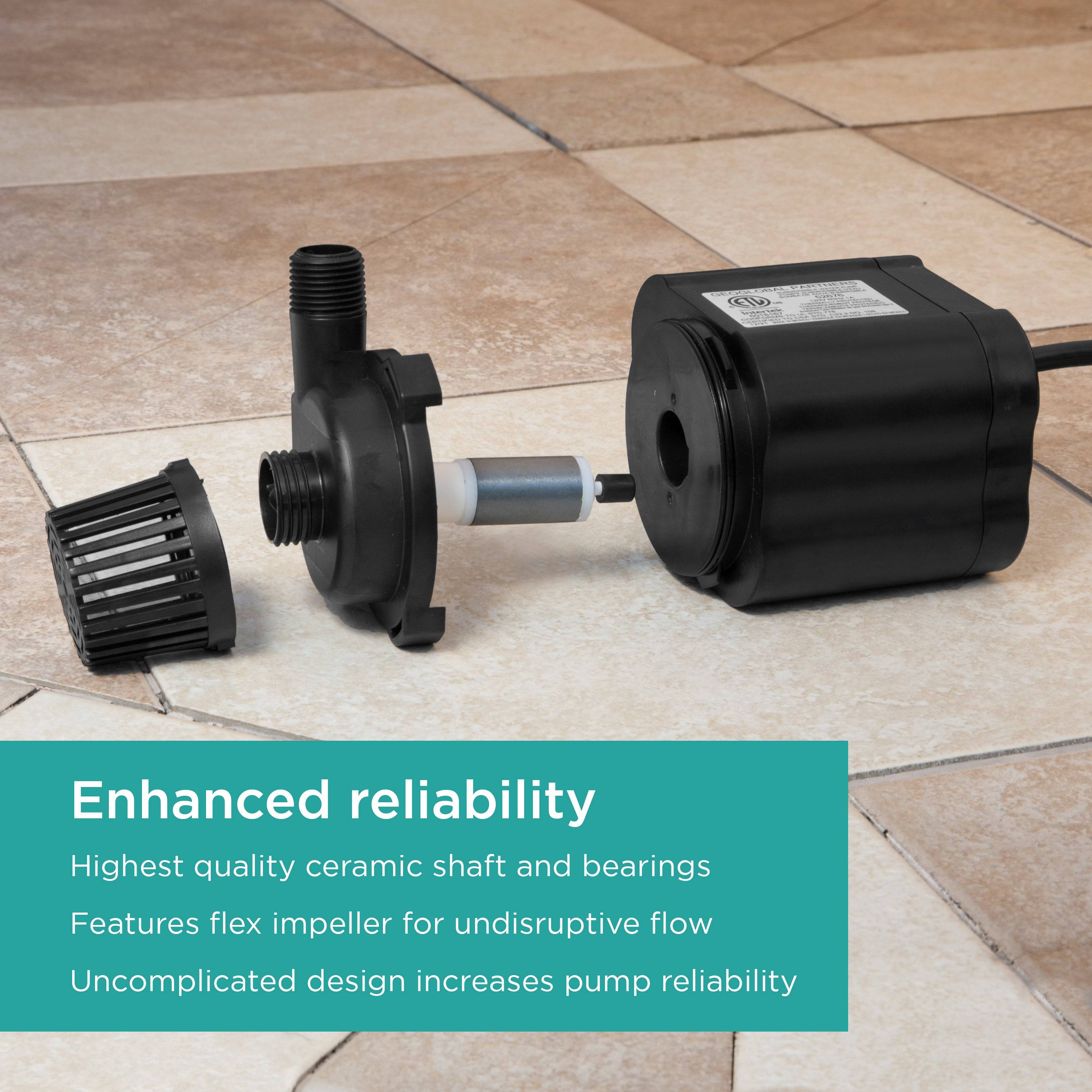 800 GPH Pond Pump features enhanced reliability with ceramic shaft and bearings, flex impeller, and uncomplicated design