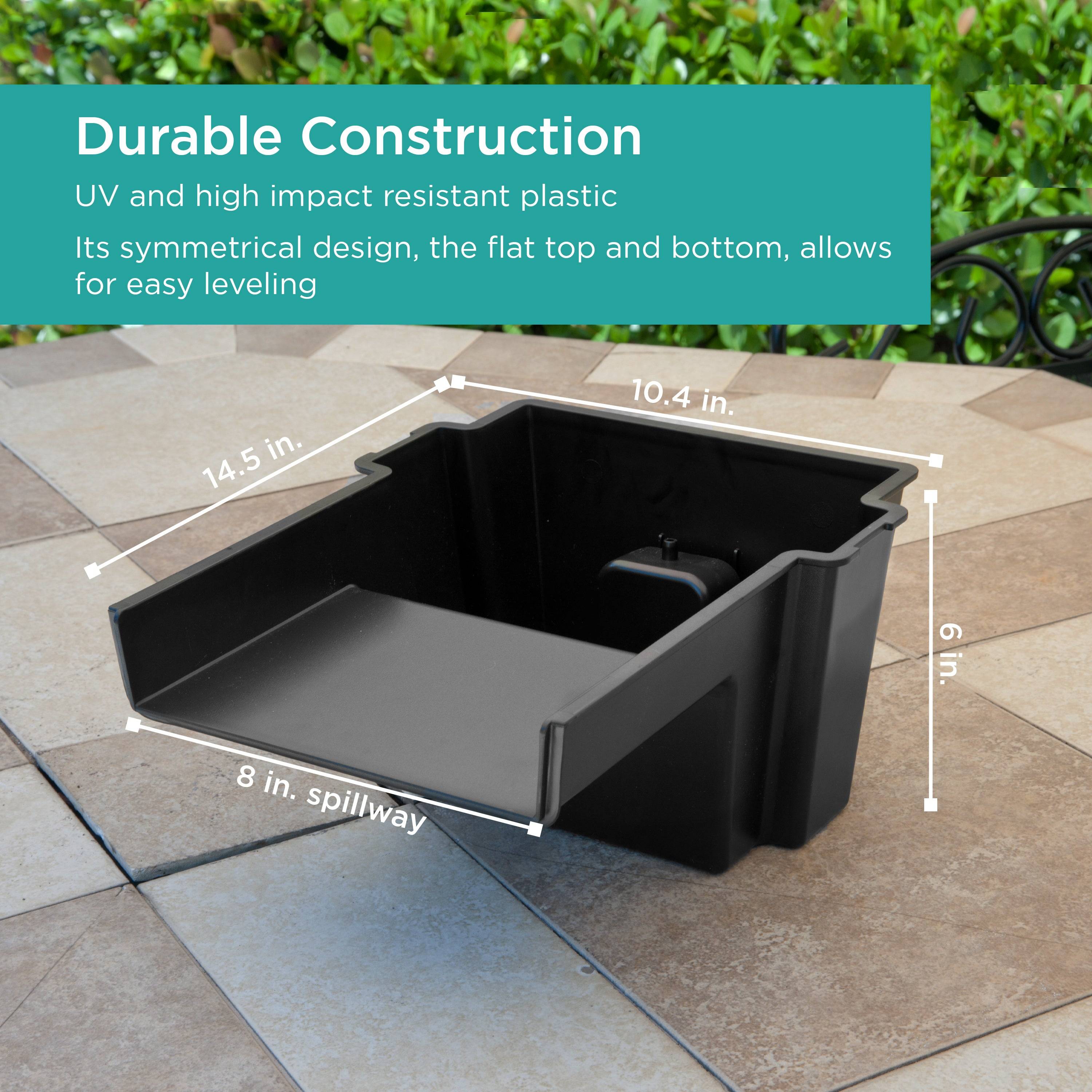 Waterfall Spillway features durable construction with UV and high impact resistant plastic and symmetrical design to allow for easy leveling - size chart