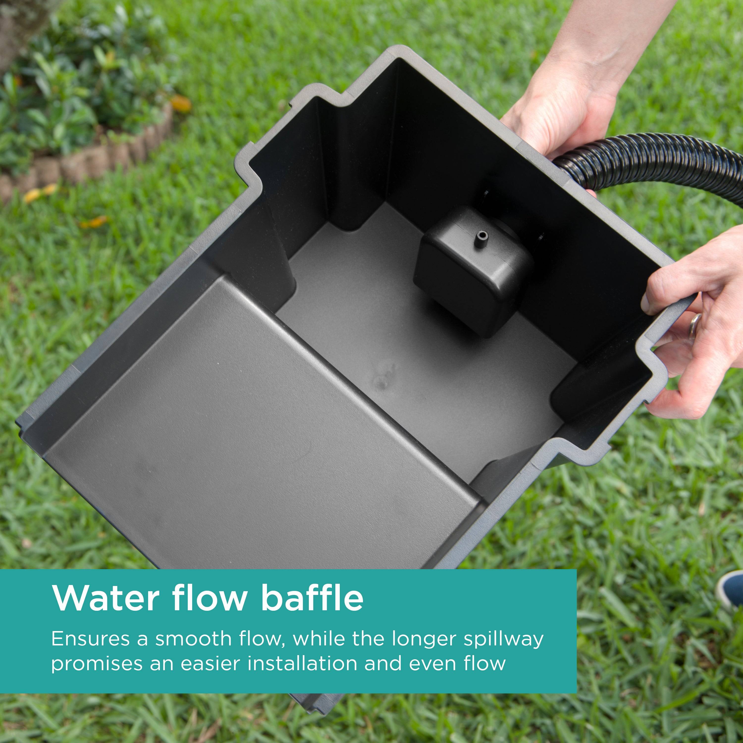 Waterfall Spillway features water flow baffle to ensure a smooth flow