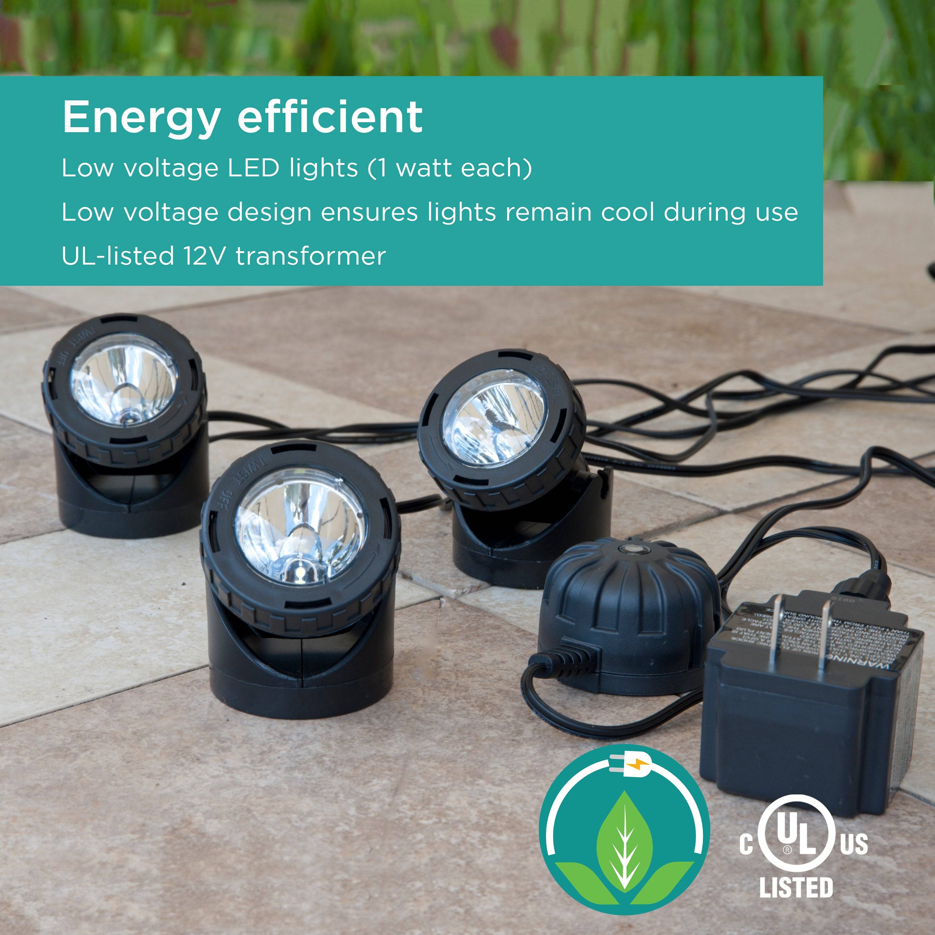 Pond and Landscape LED Light Set is energy efficient - low voltage LED lights and design