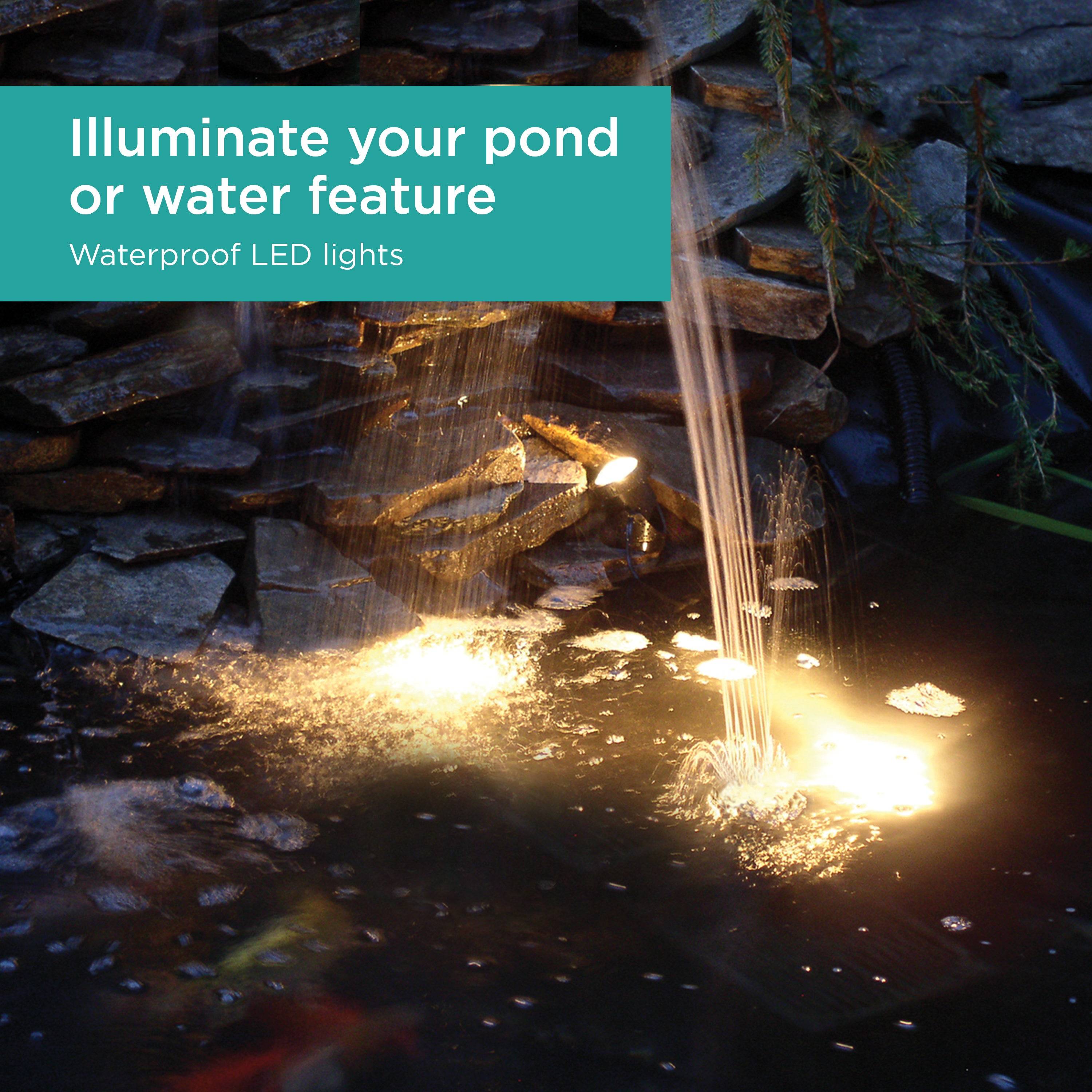 Pond and Landscape LED Light Set illuminates your pond or water feature with waterproof LED lights
