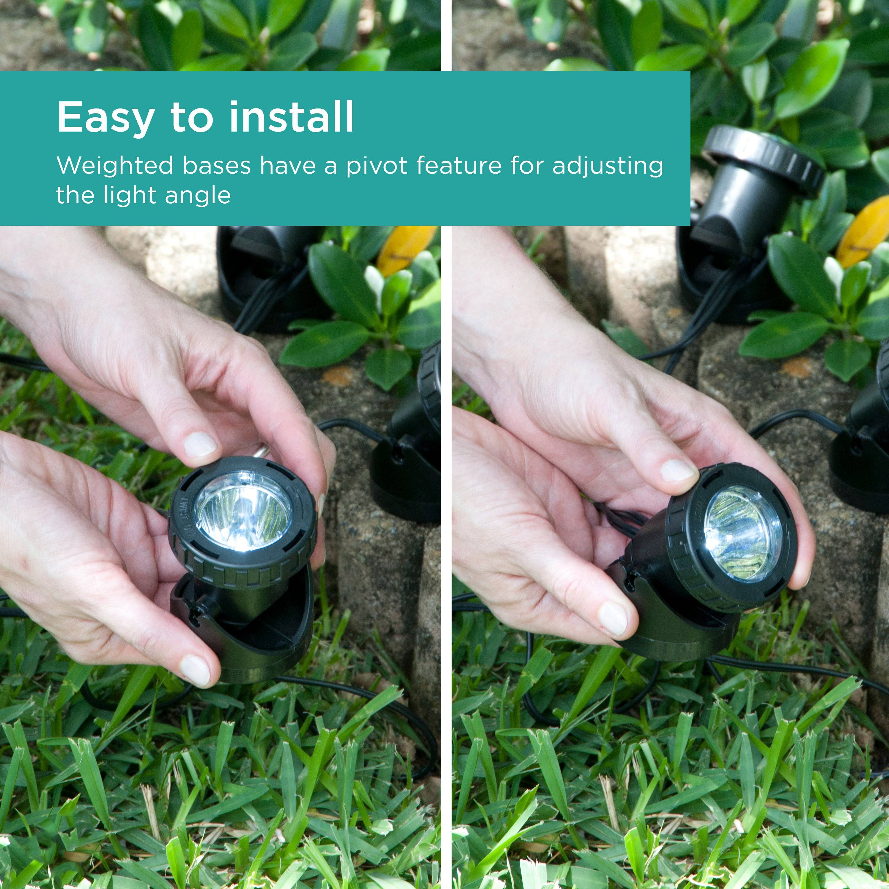 Pond and Landscape LED Light Set is easy to install with weighted bases have a pivot feature for adjusting light angle