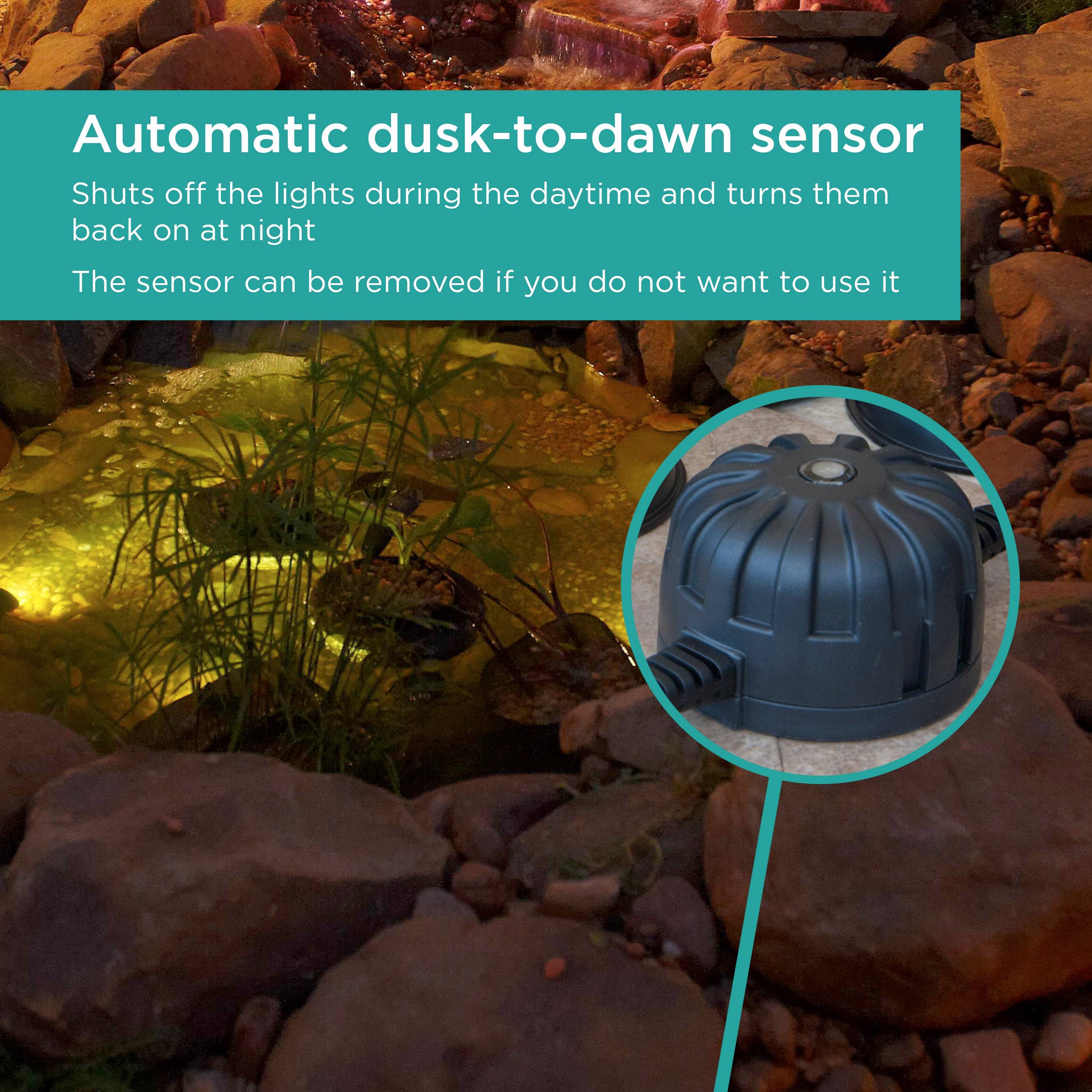 Pond and Landscape LED Light Set features automatic dusk-to-dawn sensor - shuts off lights at night, turns lights on at day, and removable sensor