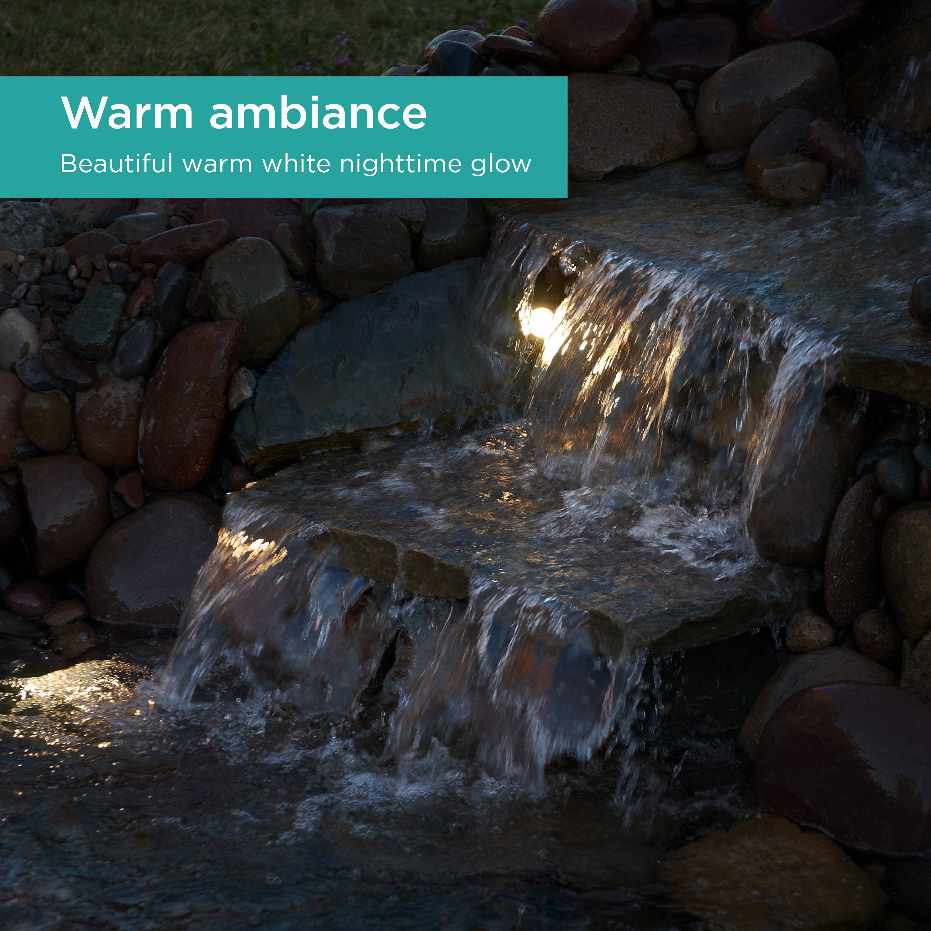 Pond and Landscape LED Light Set features warm ambiance with beautiful warm white nighttime glow