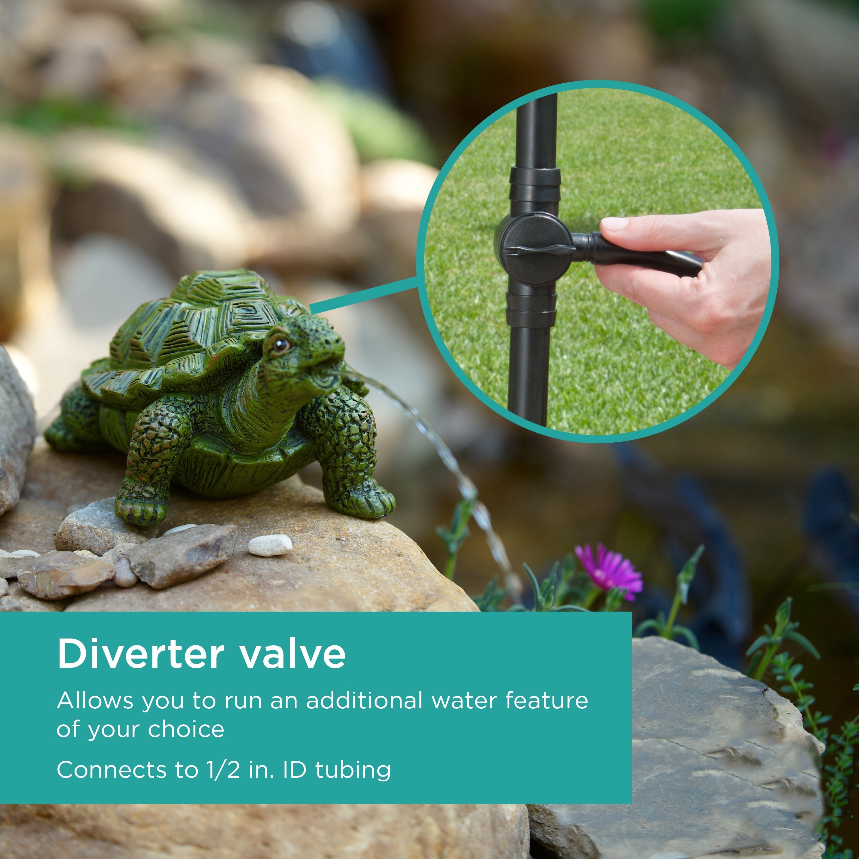 330 GPH Pond Pump with Nozzle Kit features diverter valve to run additional water features