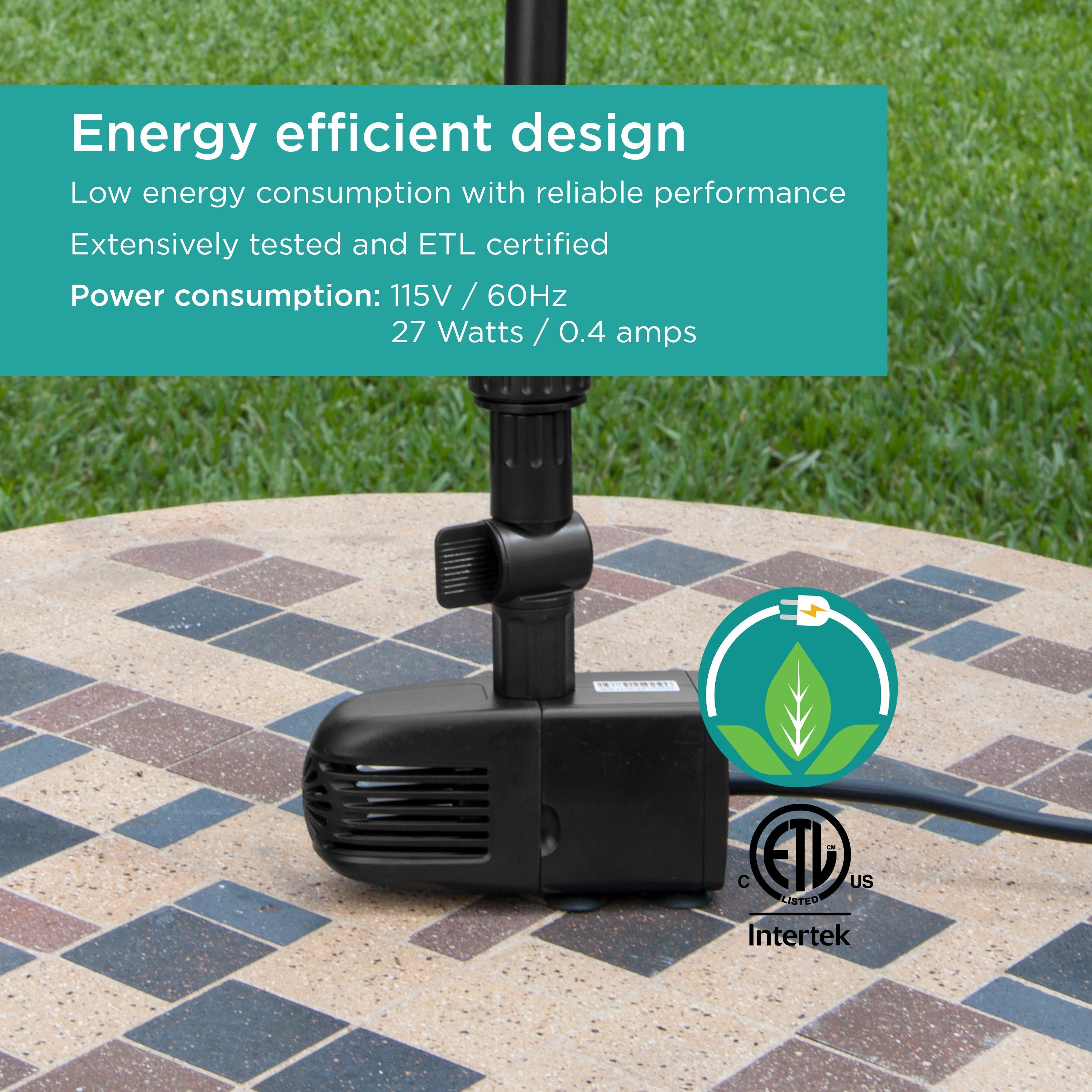 330 GPH Pond Pump with Nozzle Kit features energy efficient design with low energy consumption, reliable performance, and is ETL certified