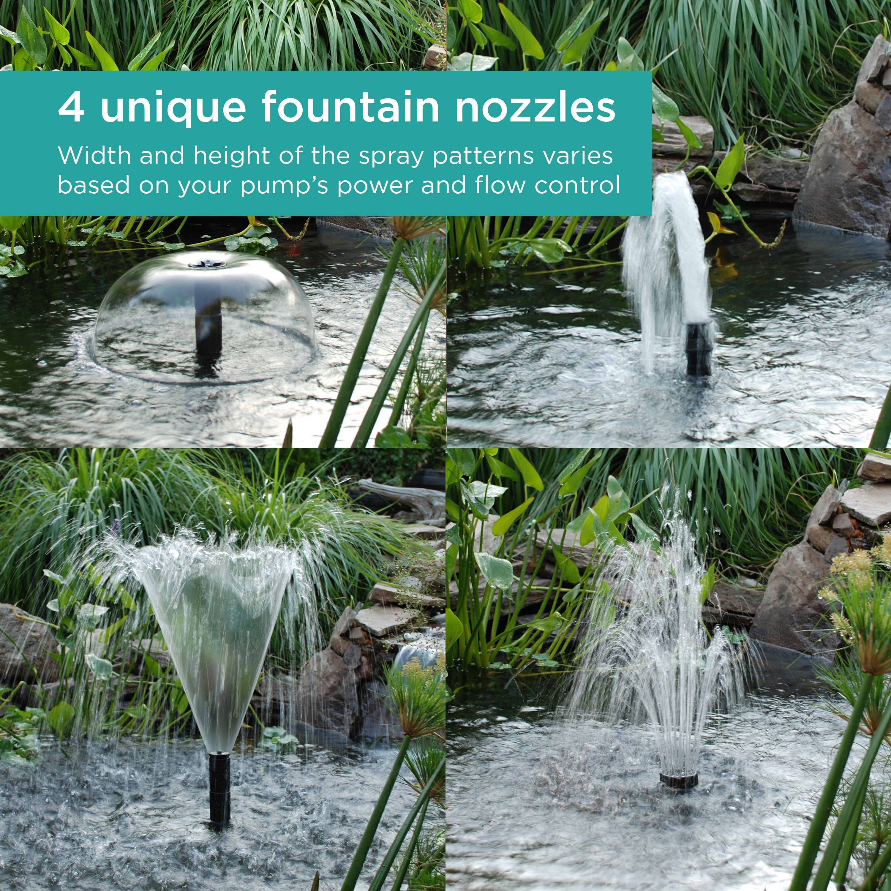 330 GPH Pond Pump with Nozzle Kit includes 4 unique fountain nozzles