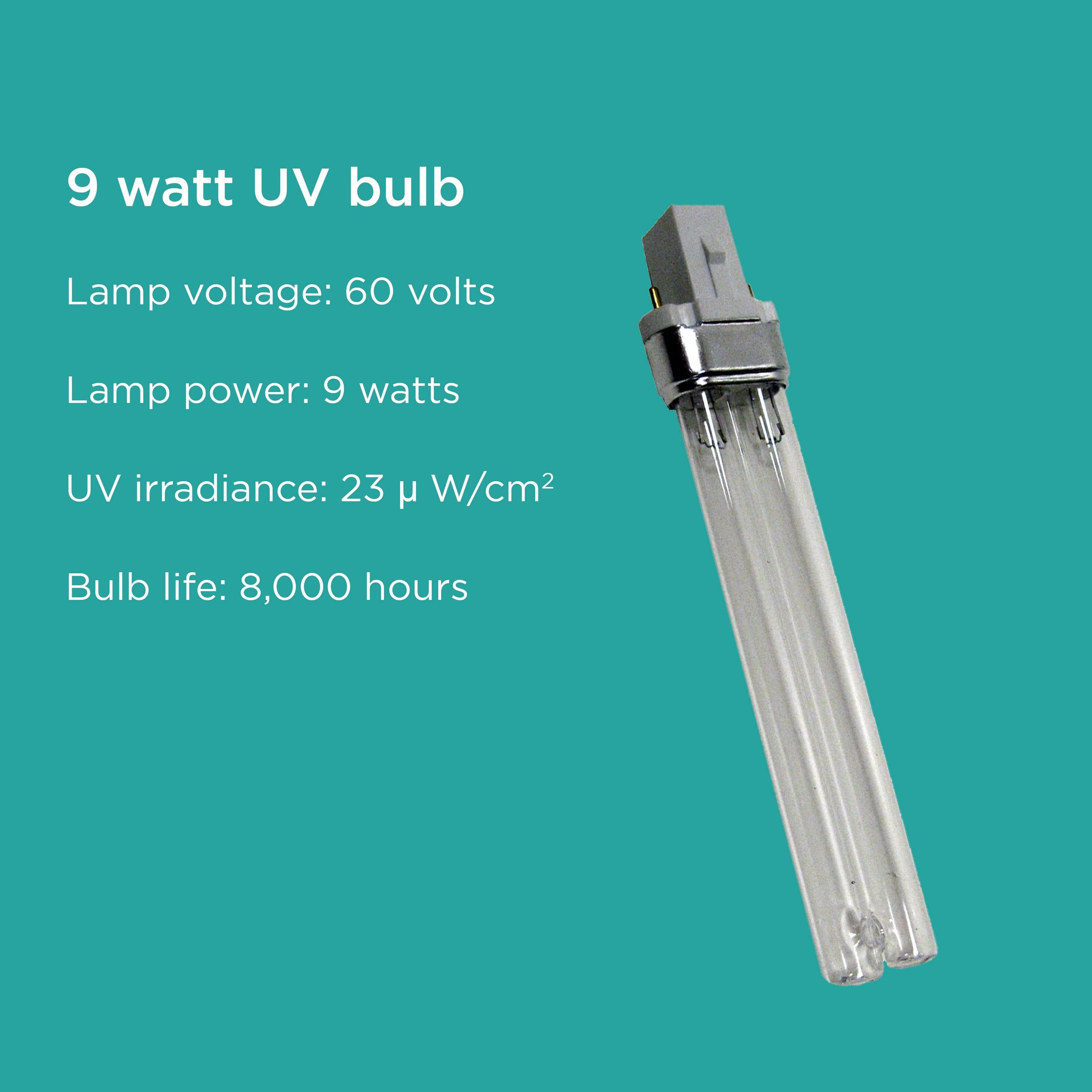 The included 9W UV bulb lasts up to 8,000 hours.  