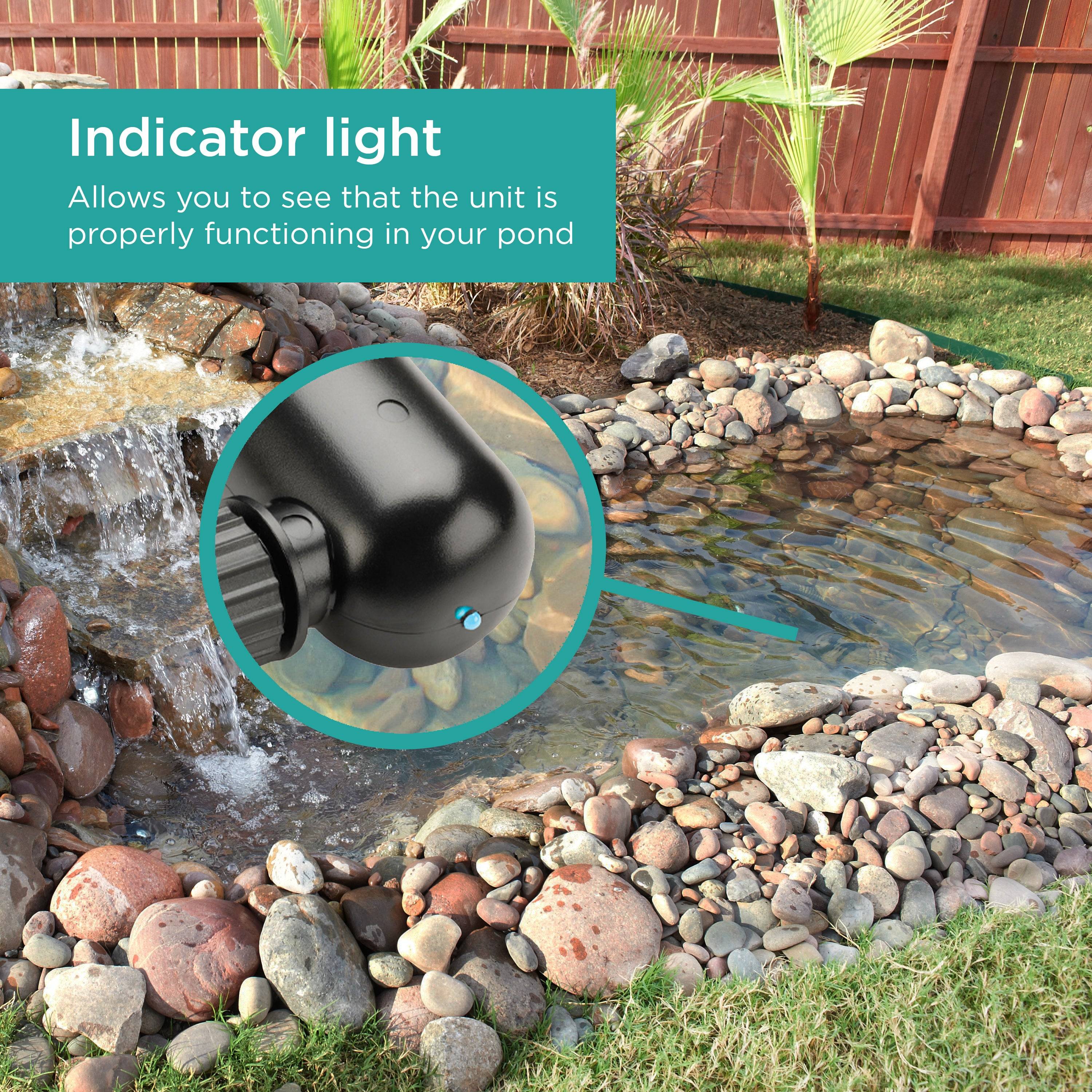 Blue indicator light and clear adaptors allow you to see that the unit is properly functioning in your pond
