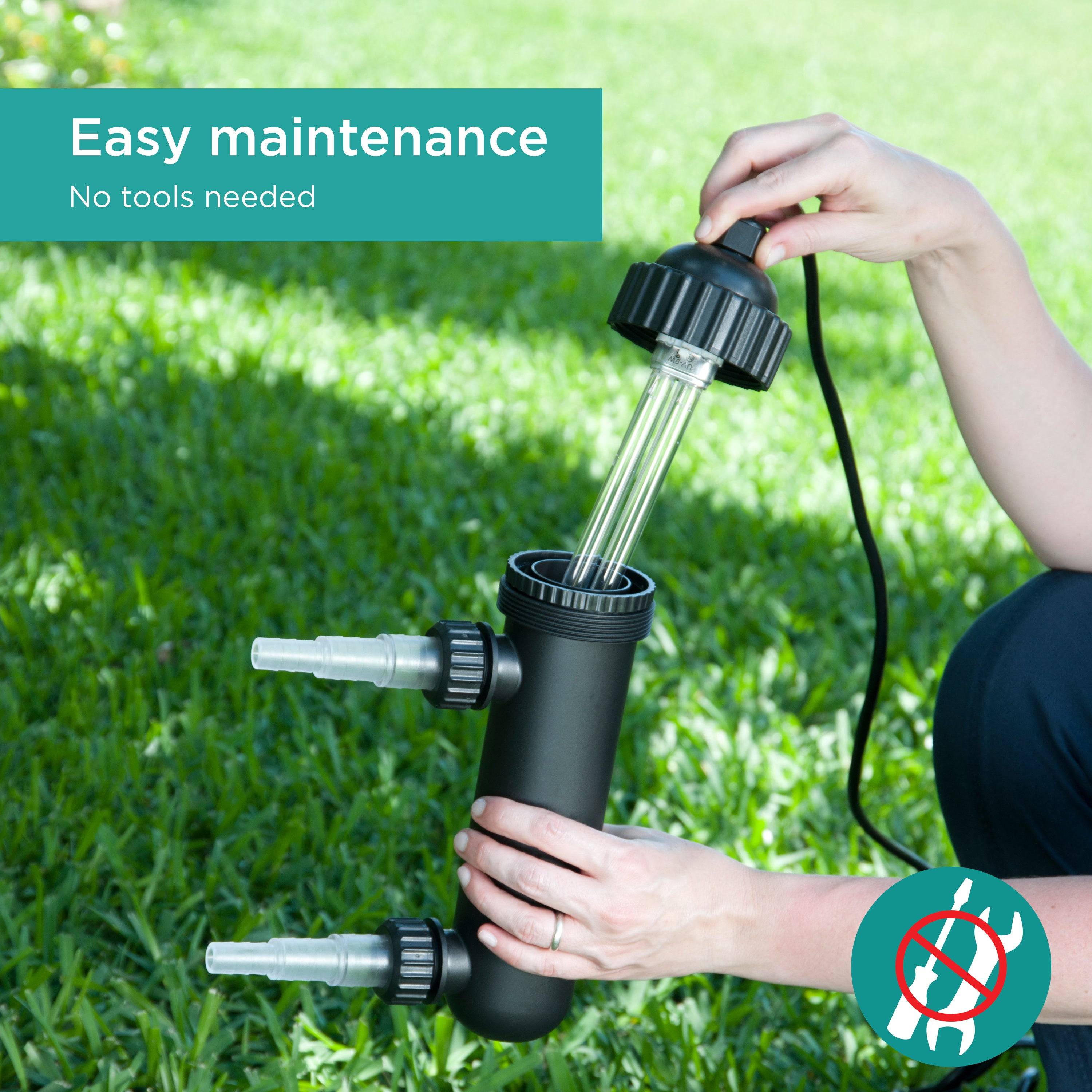 Uncomplicated design allows for simple and quick access to all parts. Easily access UV Clarifier bulb for routine seasonal replacement.  