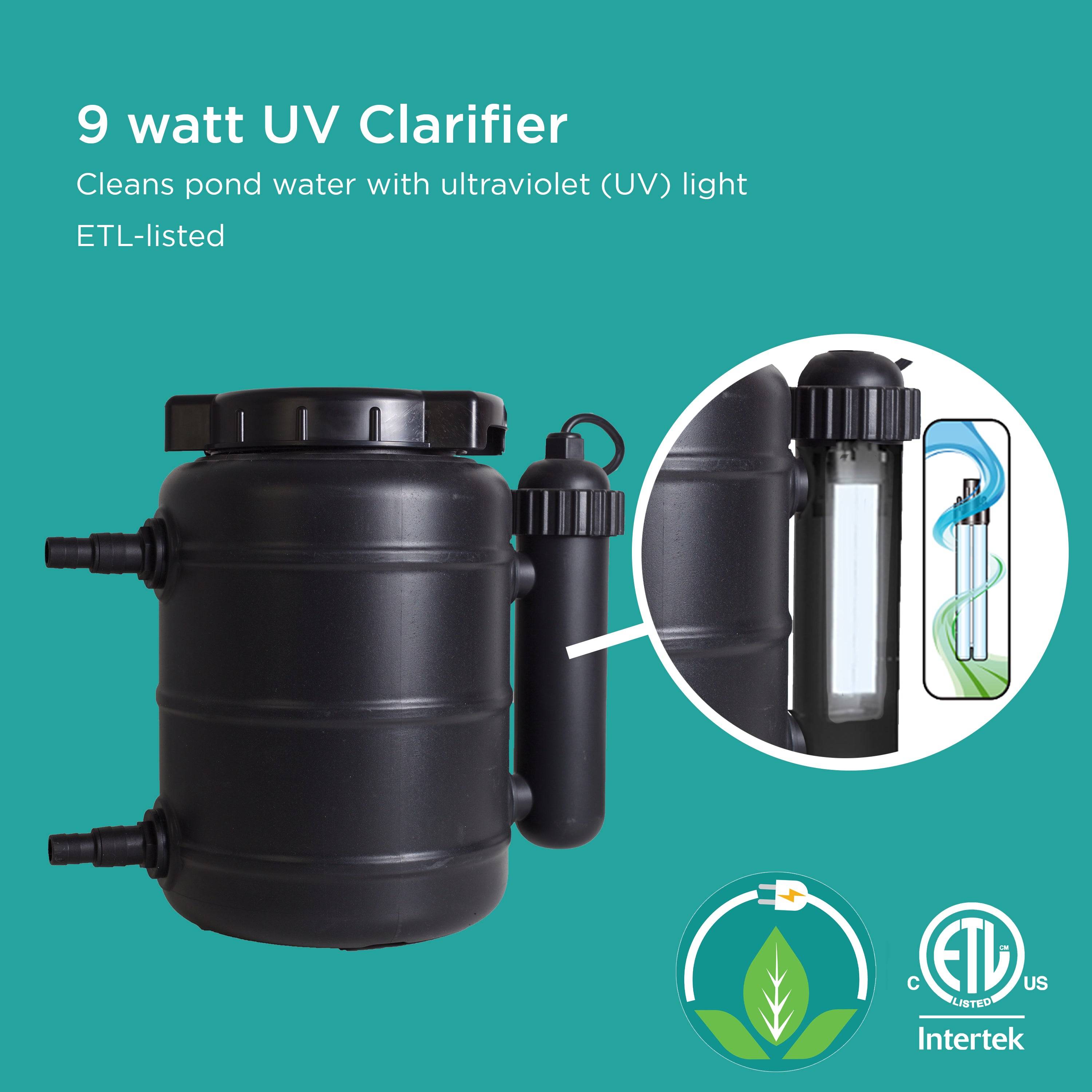 Pond Filter with UV Clarifier cleans pond water with ultraviolet (UV) light and is ETL listed